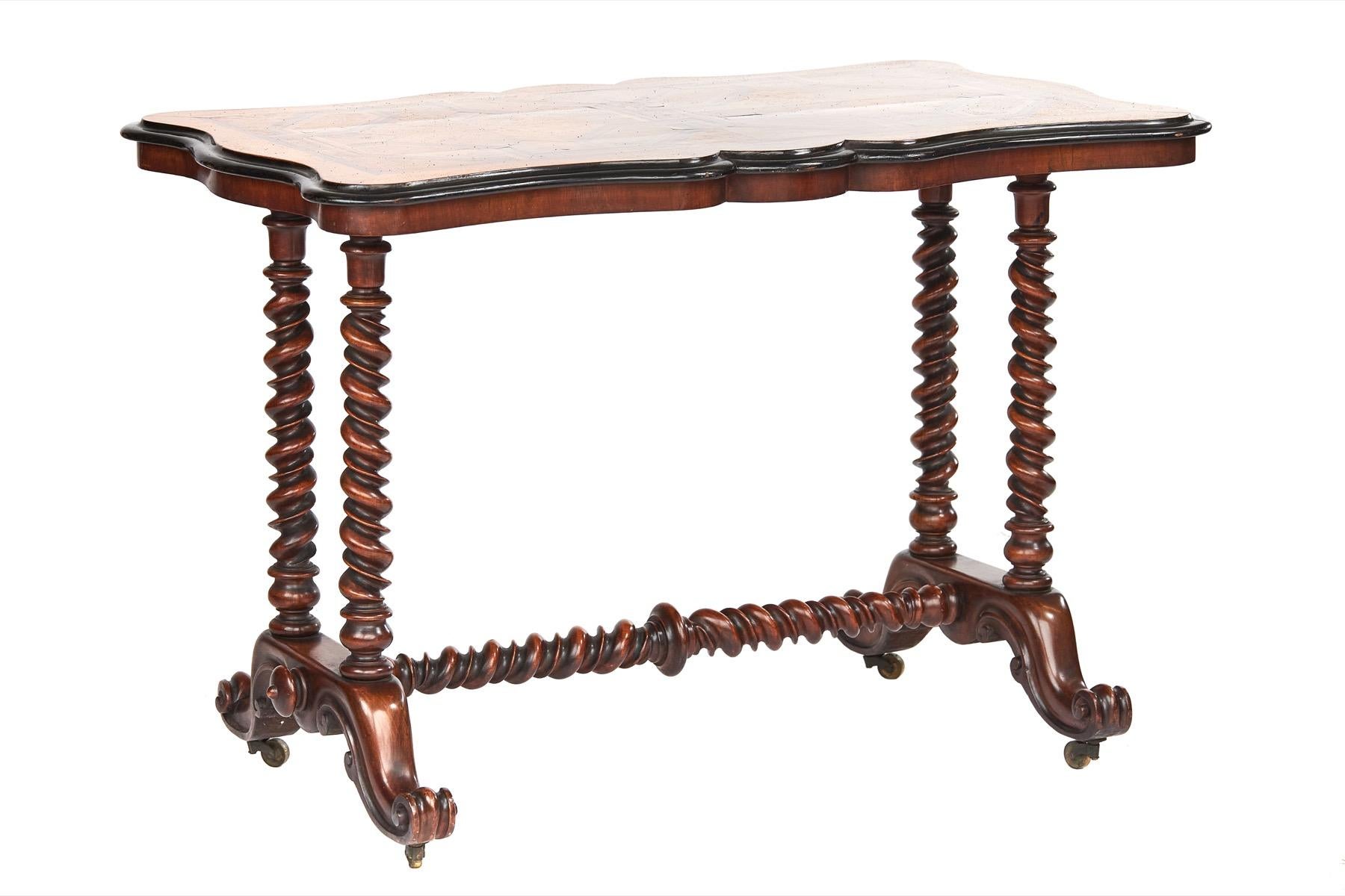 Victorian Mahogany & Oak Parquetry inlaid Centre Table,
Oak Parquety top with : Kingwood. Satinwood, Rosewood, & Boxwood inlay,
Ebonised shaped thumb mould edge, 
Mahogany Base with 4 Barley twist supports, & Cross Stetcher, 
4 Carved Cabriole