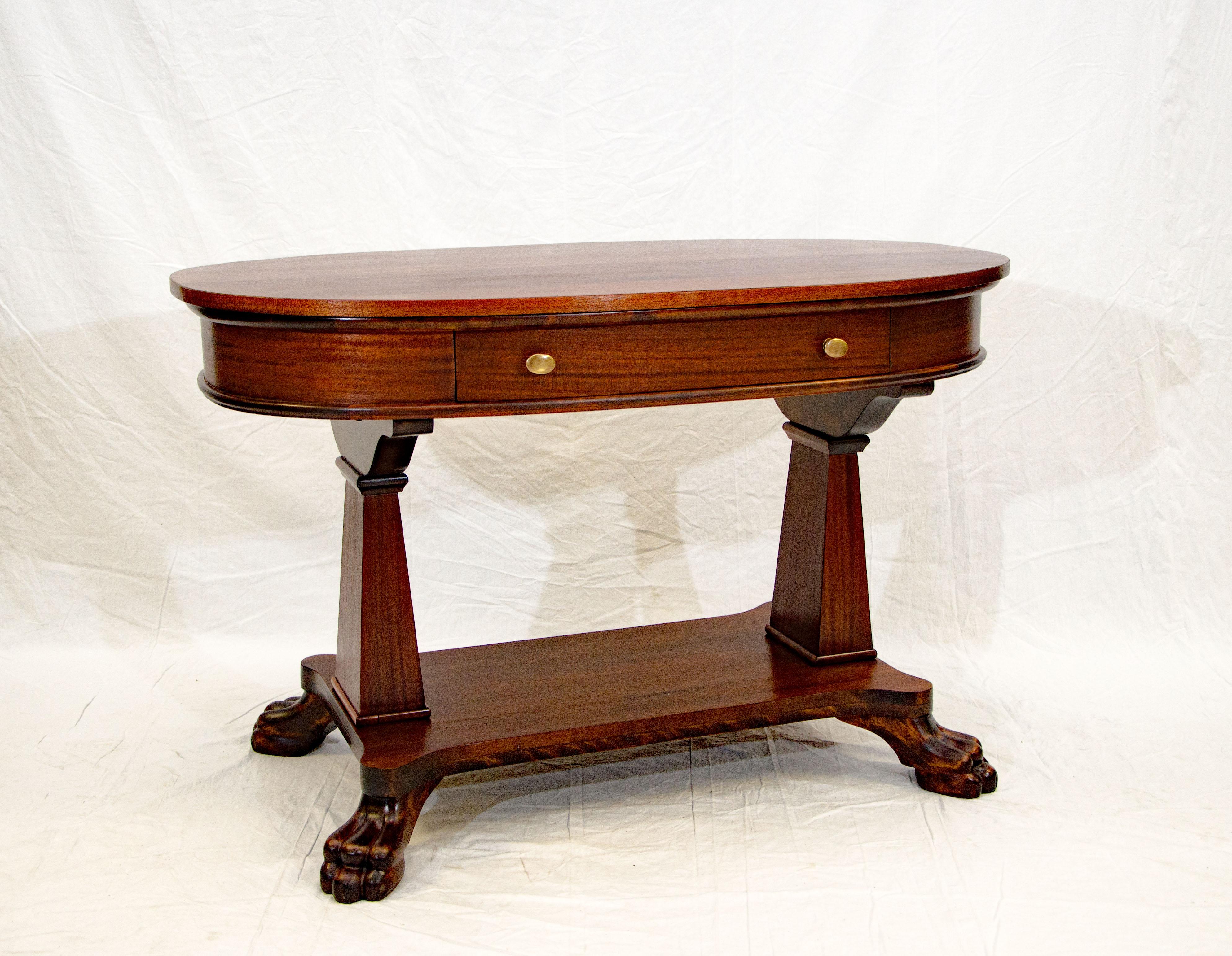 American Victorian Mahogany Oval Library Table, Claw Feet For Sale