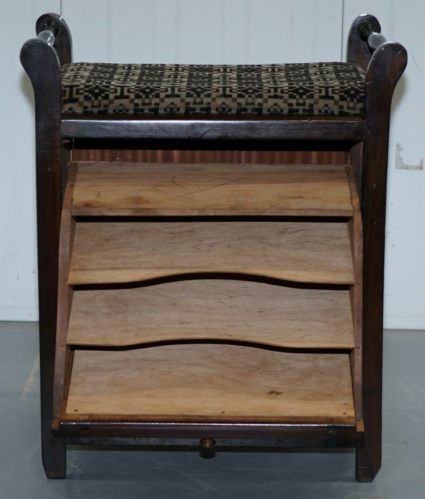 Victorian Hardwood Piano Stool Bauhaus Upholstery Internal Music Storage Drawer For Sale 2