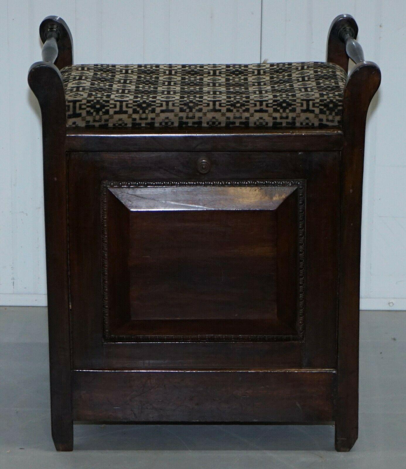 We are delighted to offer for sale this Victorian Piano stool with internal music sheet storage and Bauhaus upholstery.

A good looking well made and function piece of Victorian furniture, the drop front weighted Music sheet shelf offers lots of