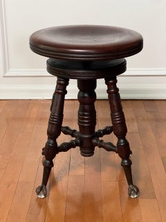 Victorian Mahogany Piano Stool with Claw and Glass Ball Feet, A. Merriam & Co.