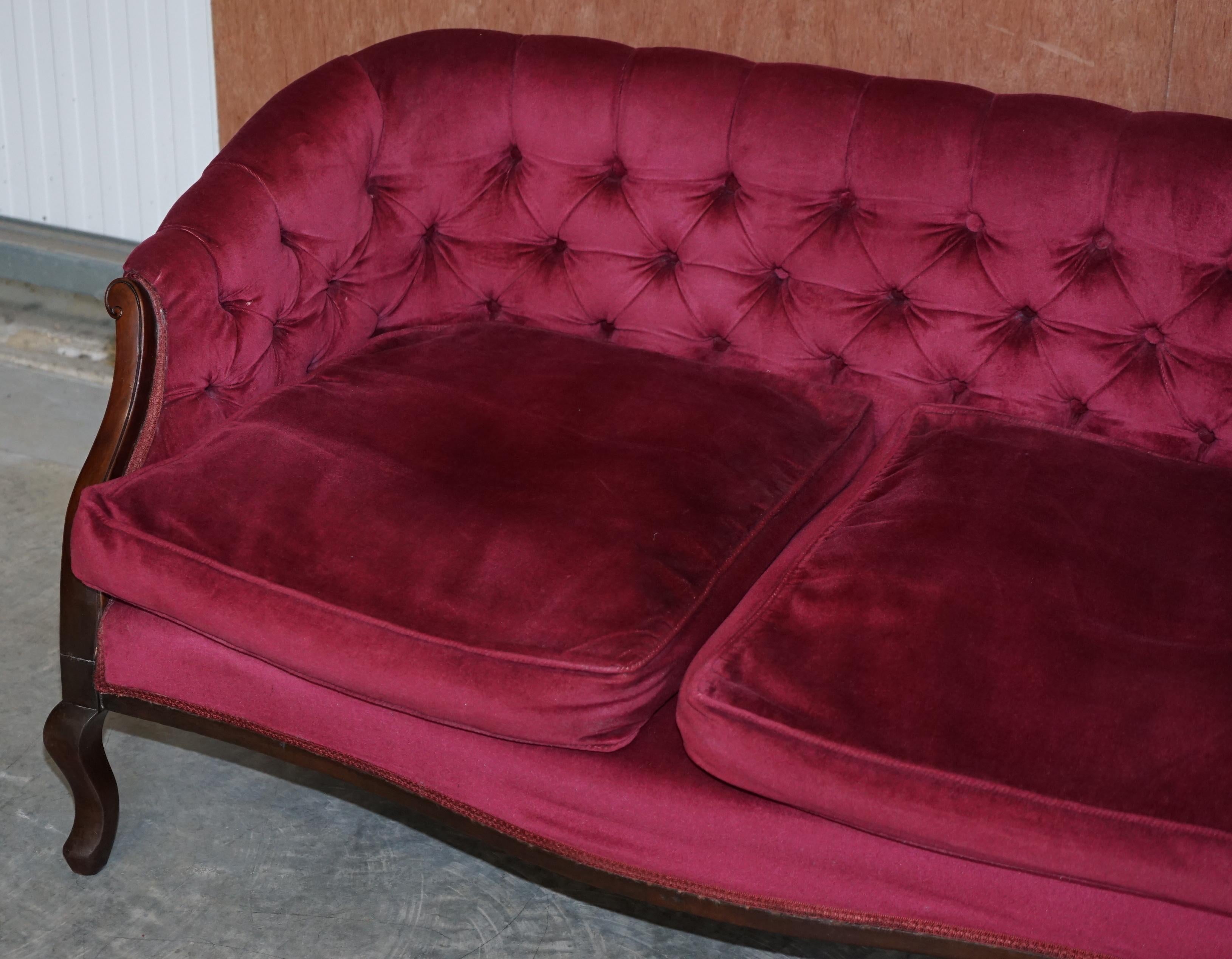 Victorian Hardwood & Pink Velour Parlour Chesterfield Suite of Sofa & Armchairs For Sale 7