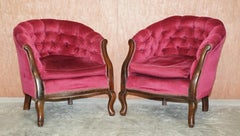 Victorian Hardwood & Pink Velour Parlour Chesterfield Suite of Sofa & Armchairs