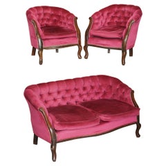 Antique Victorian Hardwood & Pink Velour Parlour Chesterfield Suite of Sofa & Armchairs