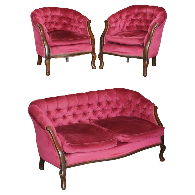 Victorian Hardwood and Pink Velour Parlour Chesterfield Suite of Sofa