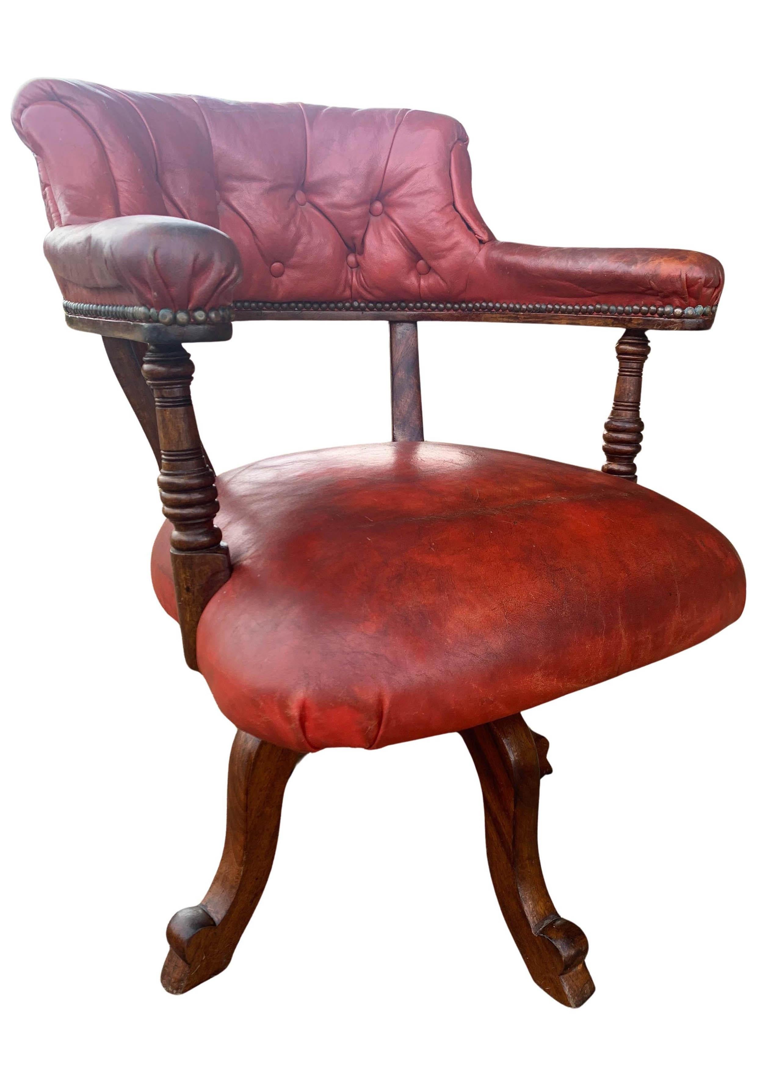 Victorian Mahogany & Red Leather Ecclesiastical Buttonback Revolving Desk Chair For Sale 4
