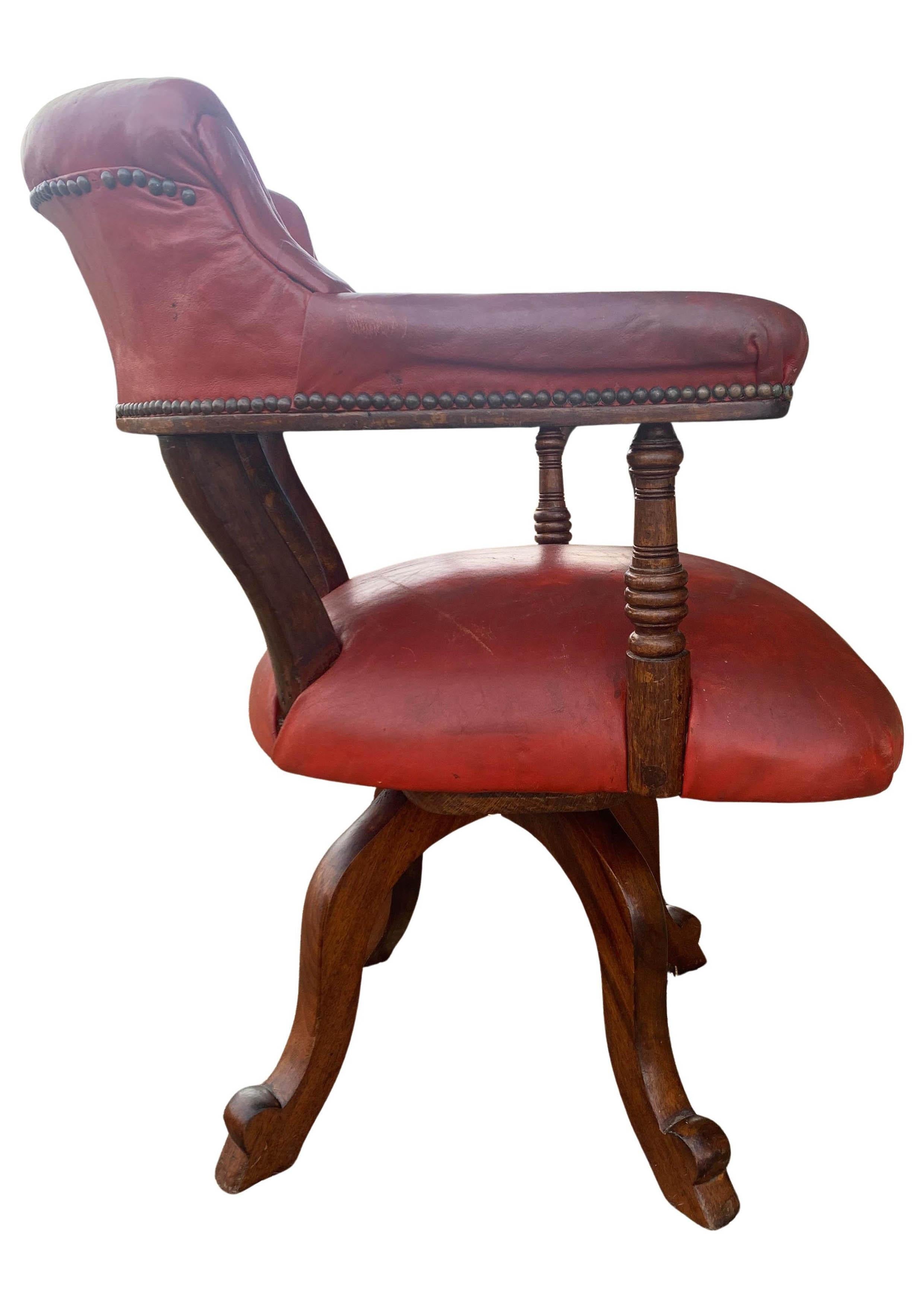 Victorian Mahogany & Red Leather Ecclesiastical Buttonback Revolving Desk Chair For Sale 5