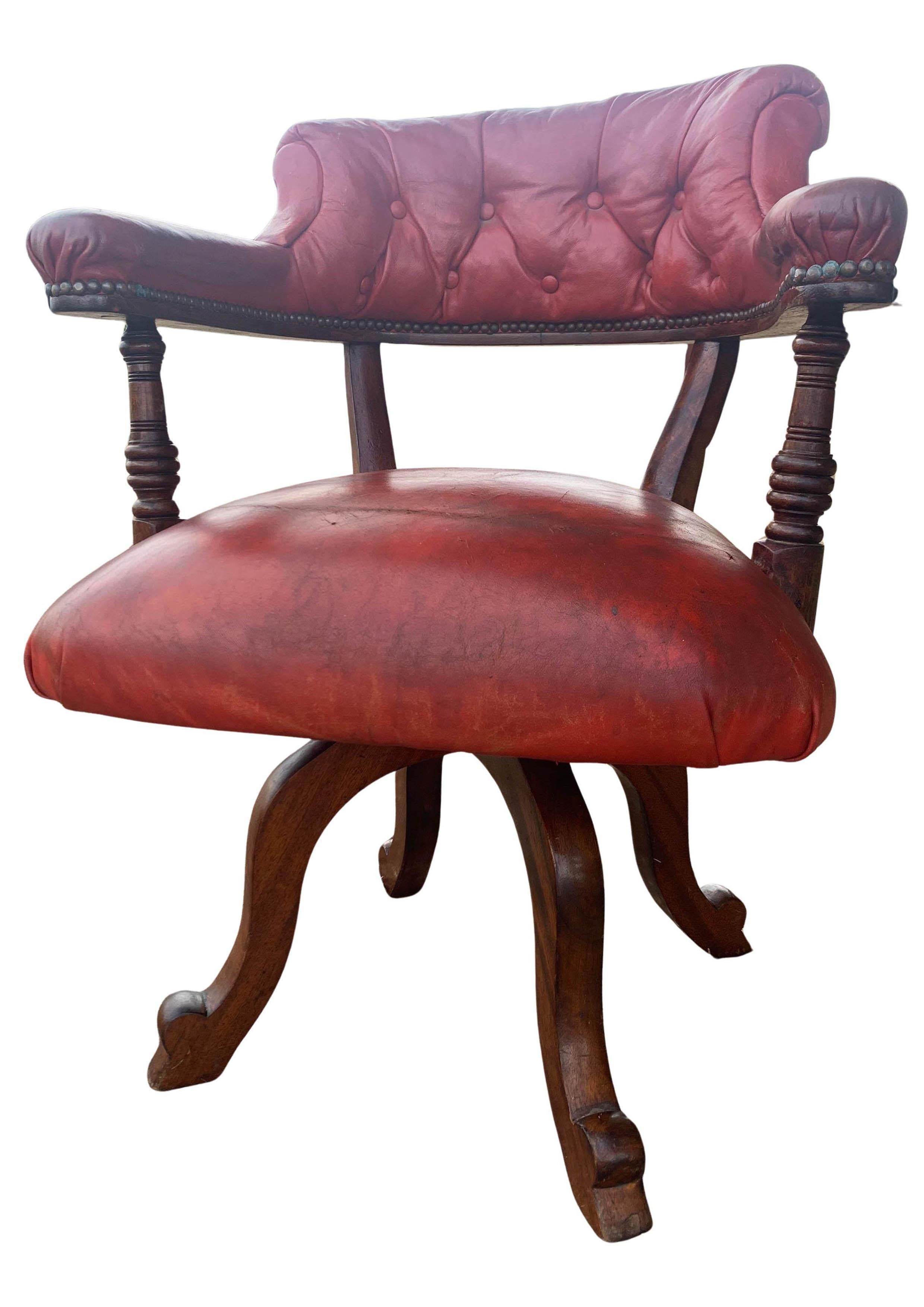 British Victorian Mahogany & Red Leather Ecclesiastical Buttonback Revolving Desk Chair For Sale