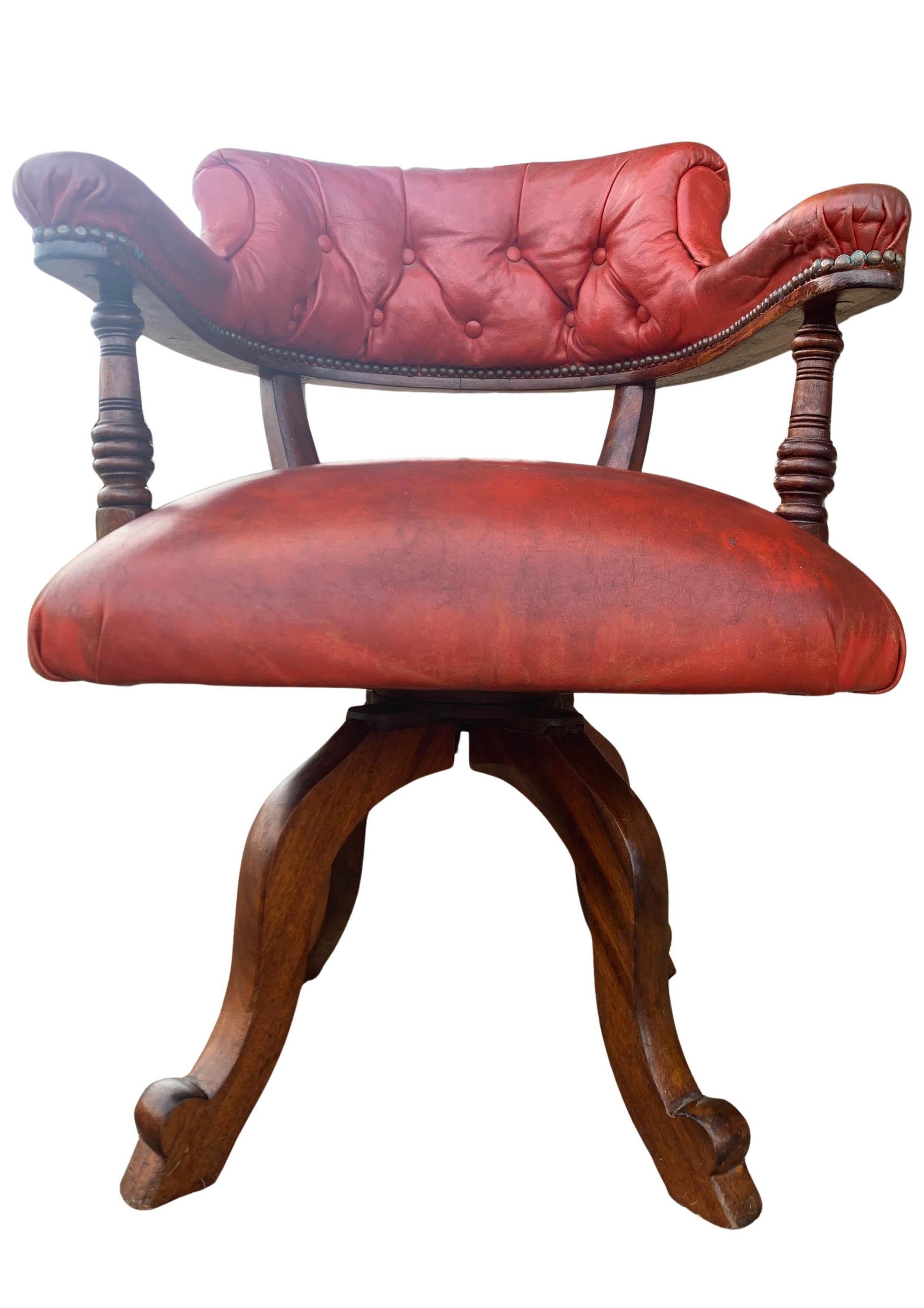Hand-Crafted Victorian Mahogany & Red Leather Ecclesiastical Buttonback Revolving Desk Chair For Sale