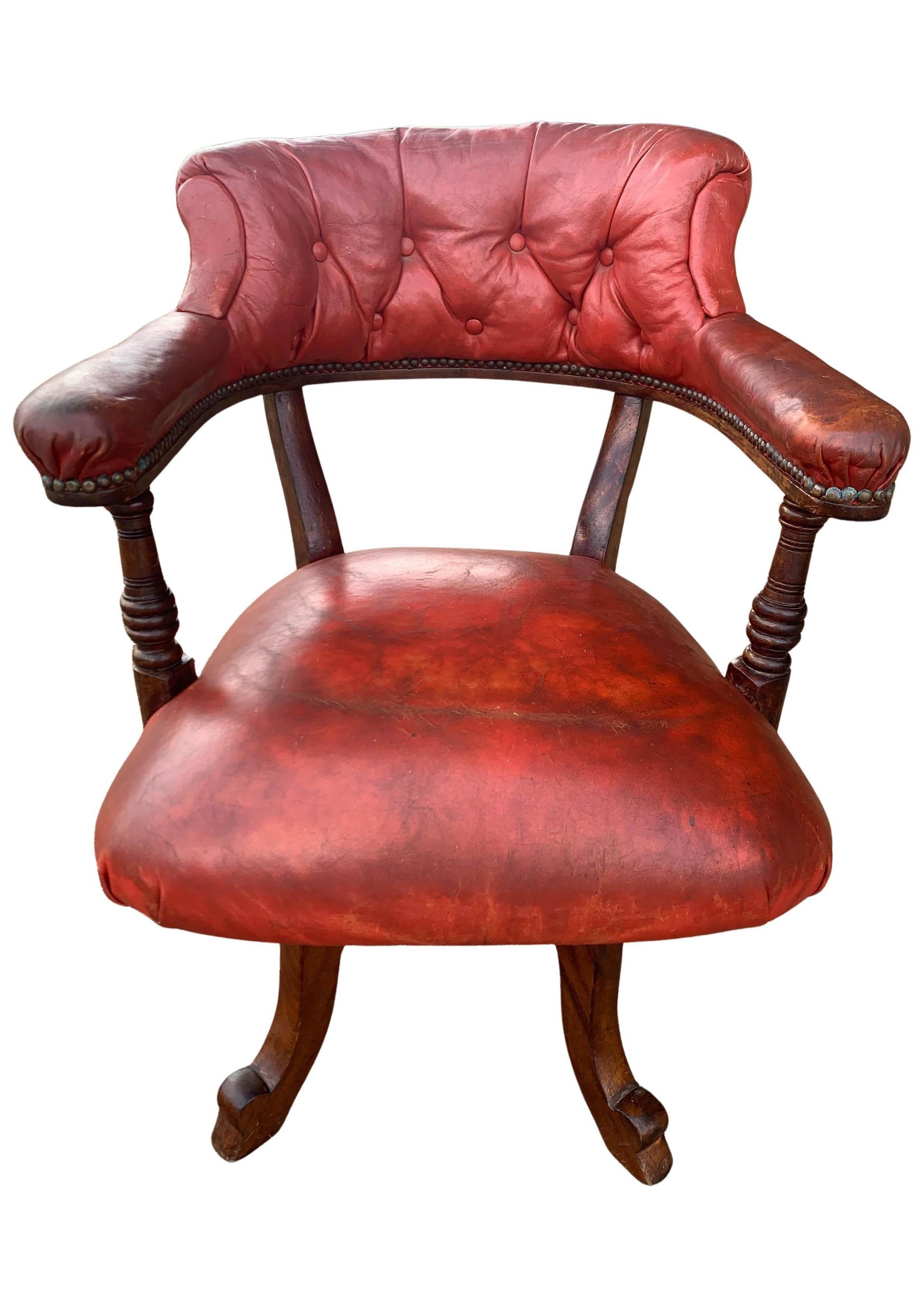19th Century Victorian Mahogany & Red Leather Ecclesiastical Buttonback Revolving Desk Chair For Sale