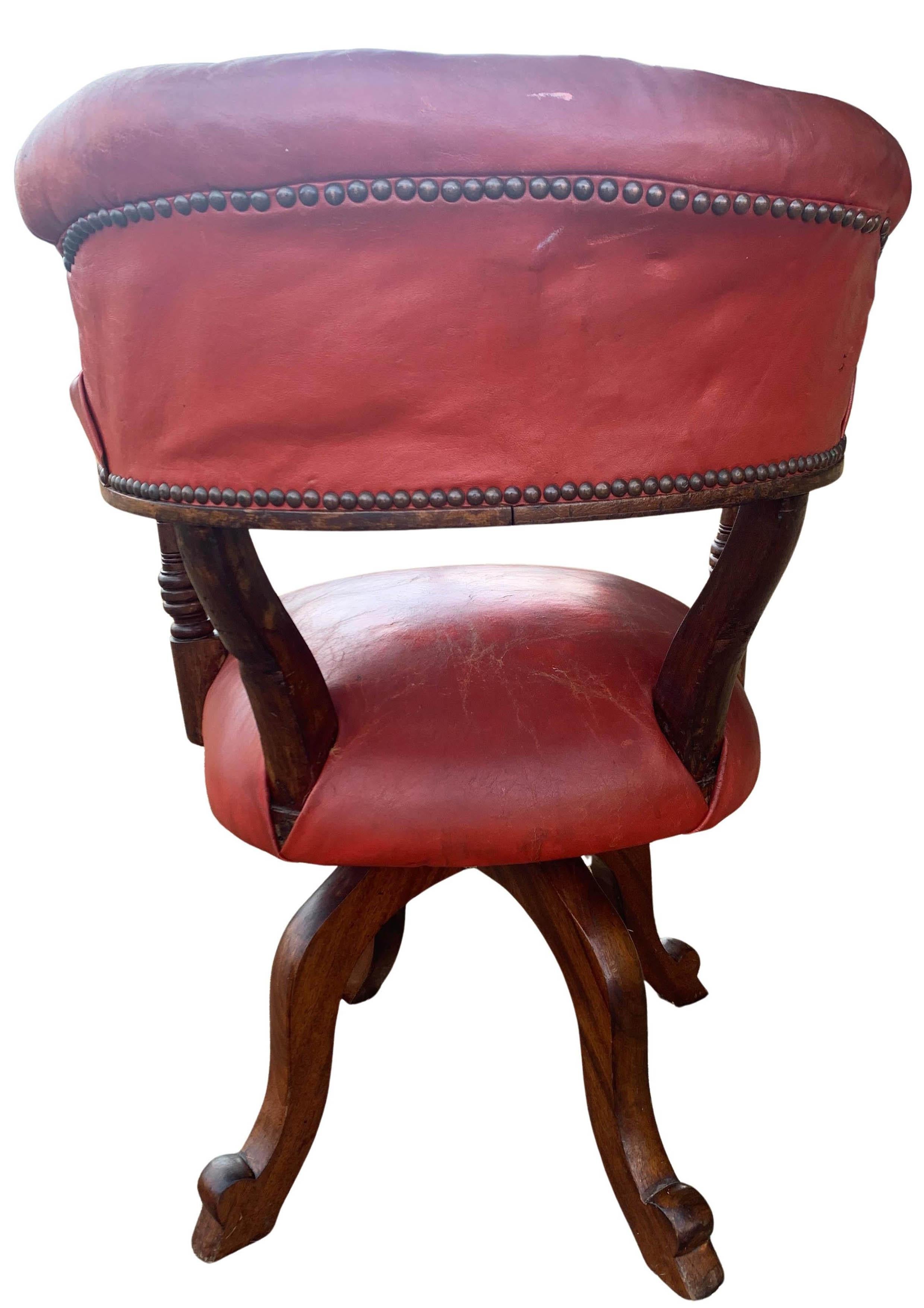 Victorian Mahogany & Red Leather Ecclesiastical Buttonback Revolving Desk Chair For Sale 2