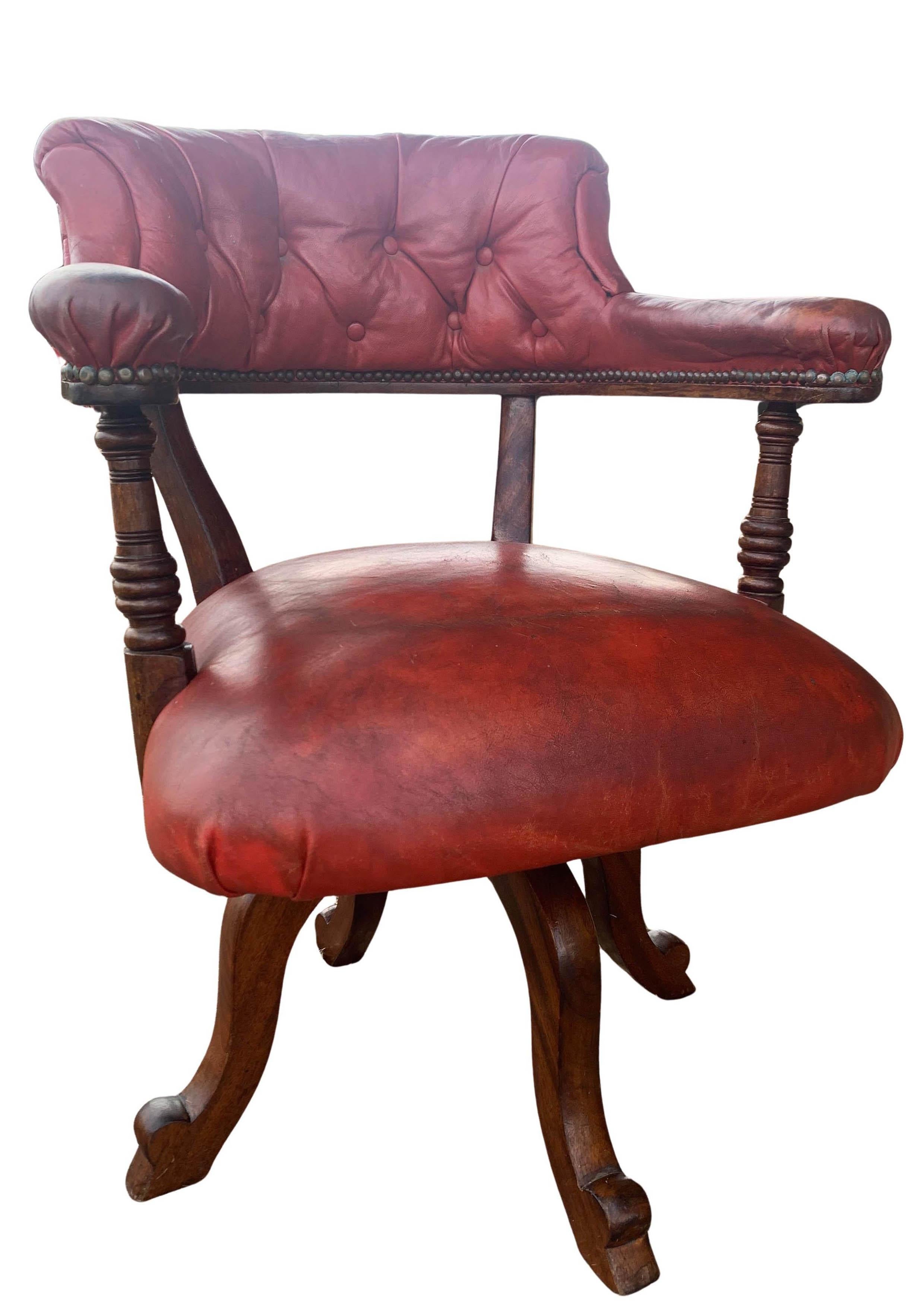 Victorian Mahogany & Red Leather Ecclesiastical Buttonback Revolving Desk Chair For Sale 3