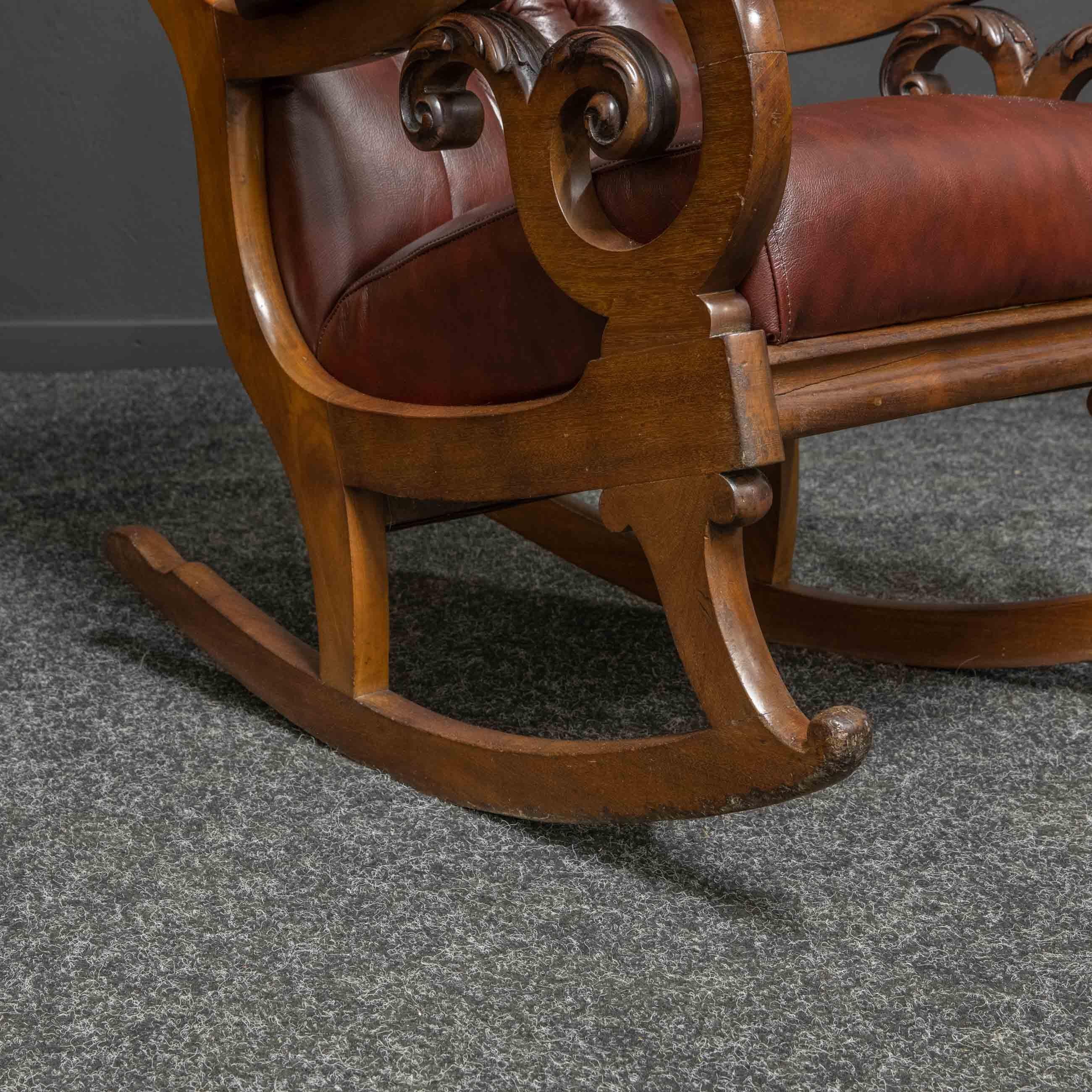 A superb Victorian mahogany rocking chair of much above average quality. The shapely frame has swept arms and underframe, with crisply carved scrolls to the underarms. Because it is special we decided to re-polish the frame and call upon our