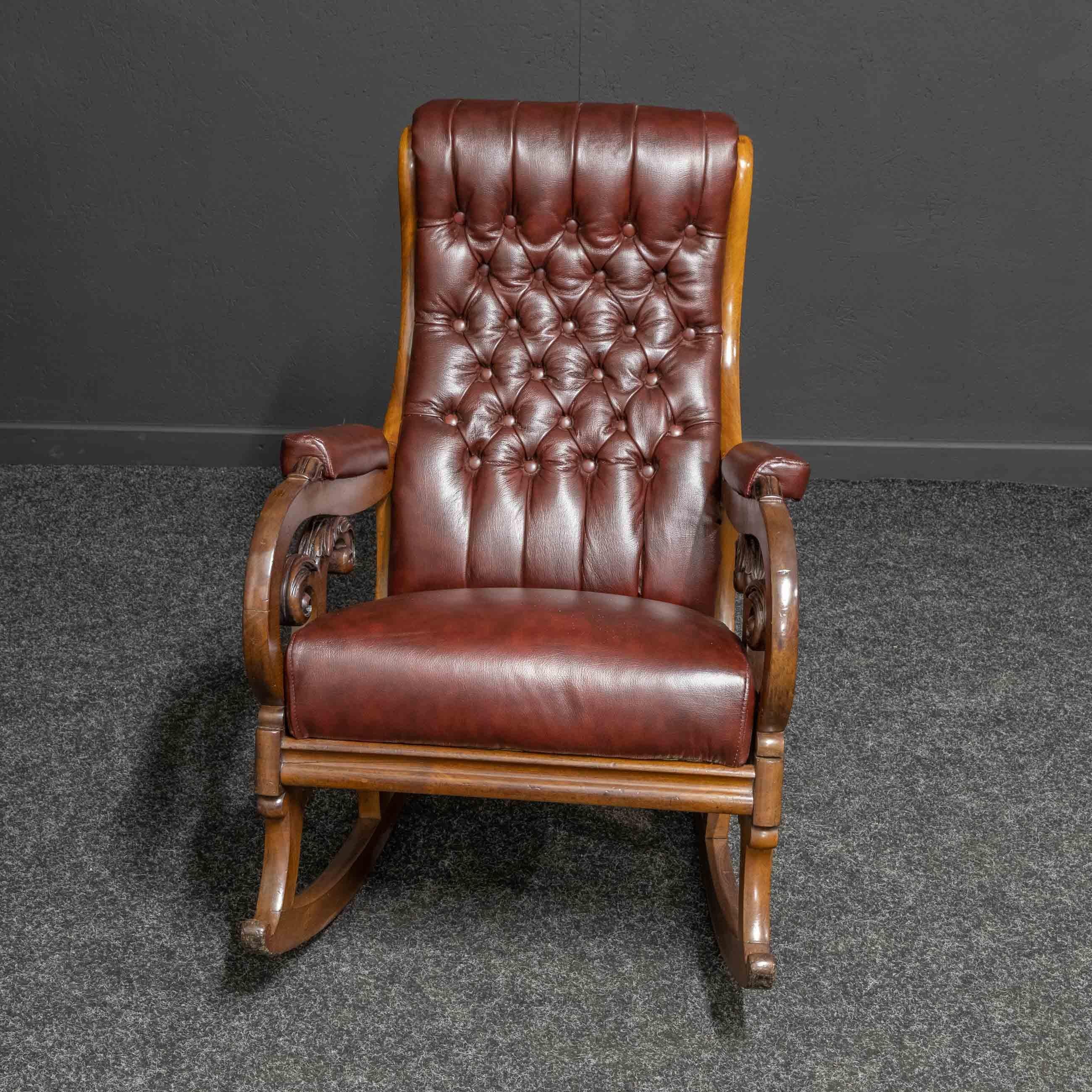 Leather Victorian Mahogany Rocking Chair For Sale
