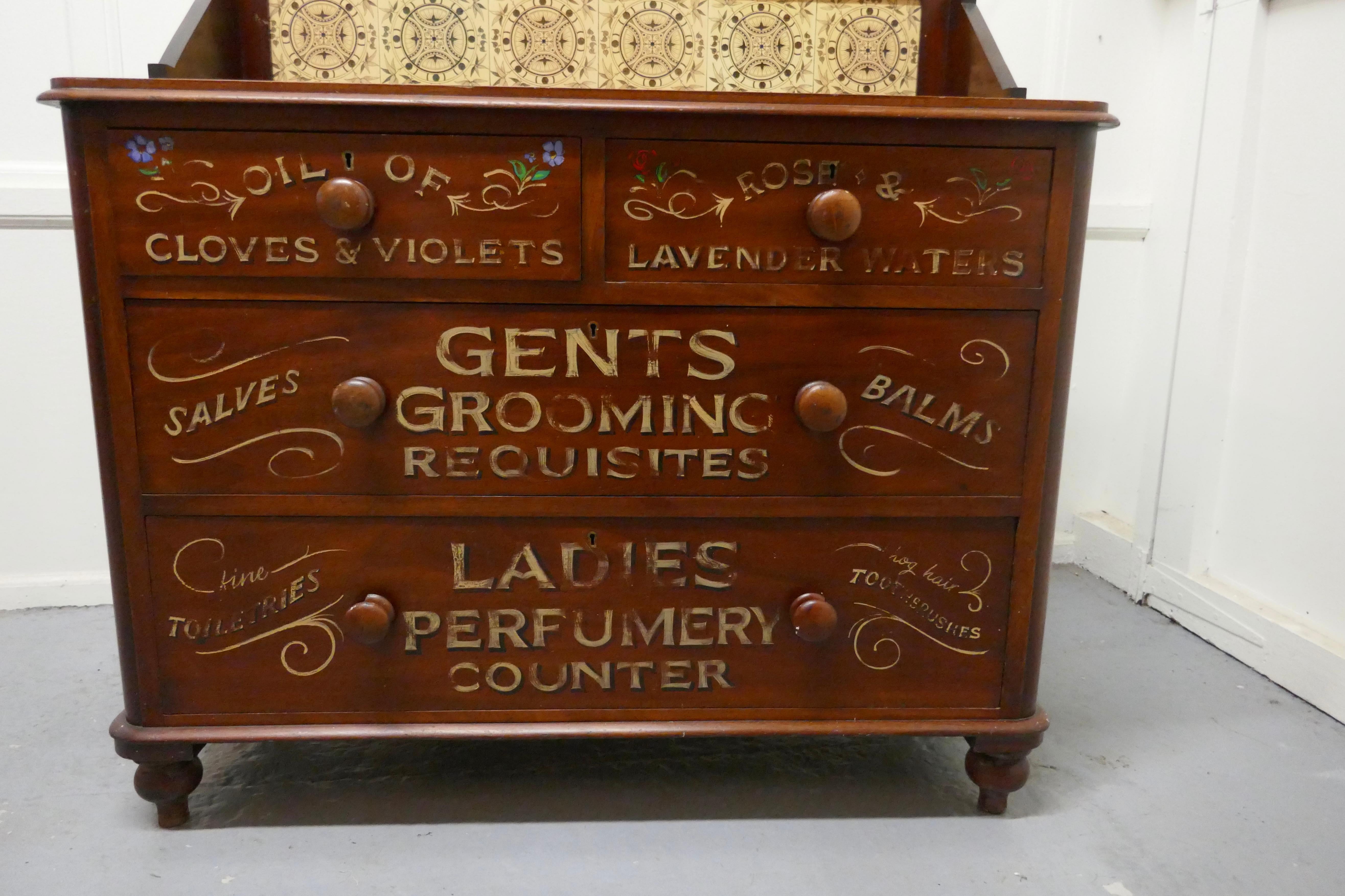 Victorian Sign Painted Chemist’s Chest of Drawers

A stunning piece of Victorian Shop display, this one is advertising all manner of balms, perfumes and toiletries 

The Chest has a tiled back to the top and has 2 smaller drawers one 2 large drawers