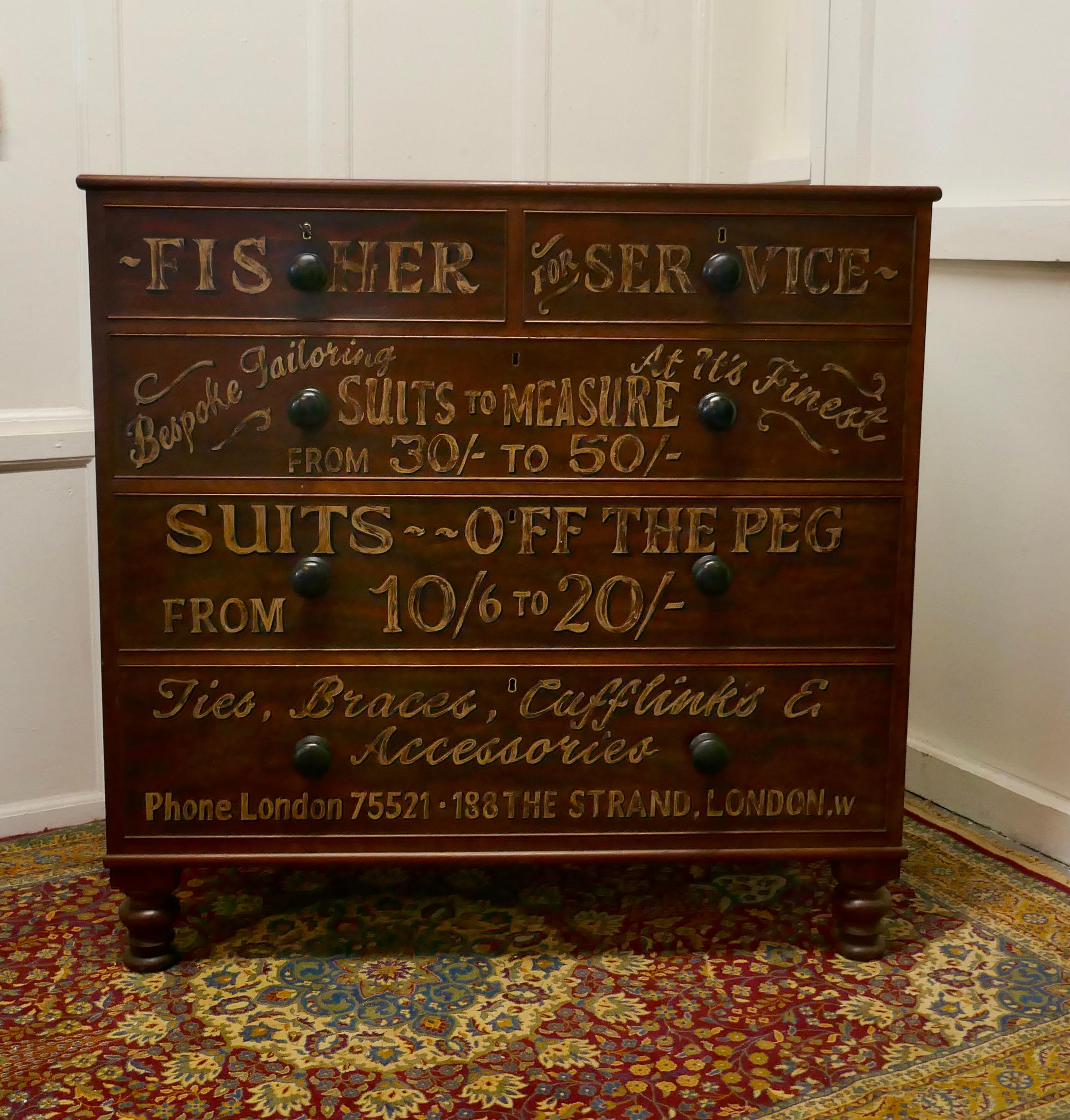 Victorian mahogany sign painted chest of drawers, fisher gentleman’s outfitter shop display

This is a real Gem, the chest of drawers is made in mahogany and has Gold and Shadowed Lettering painted on the front advertising the wares and serviced
