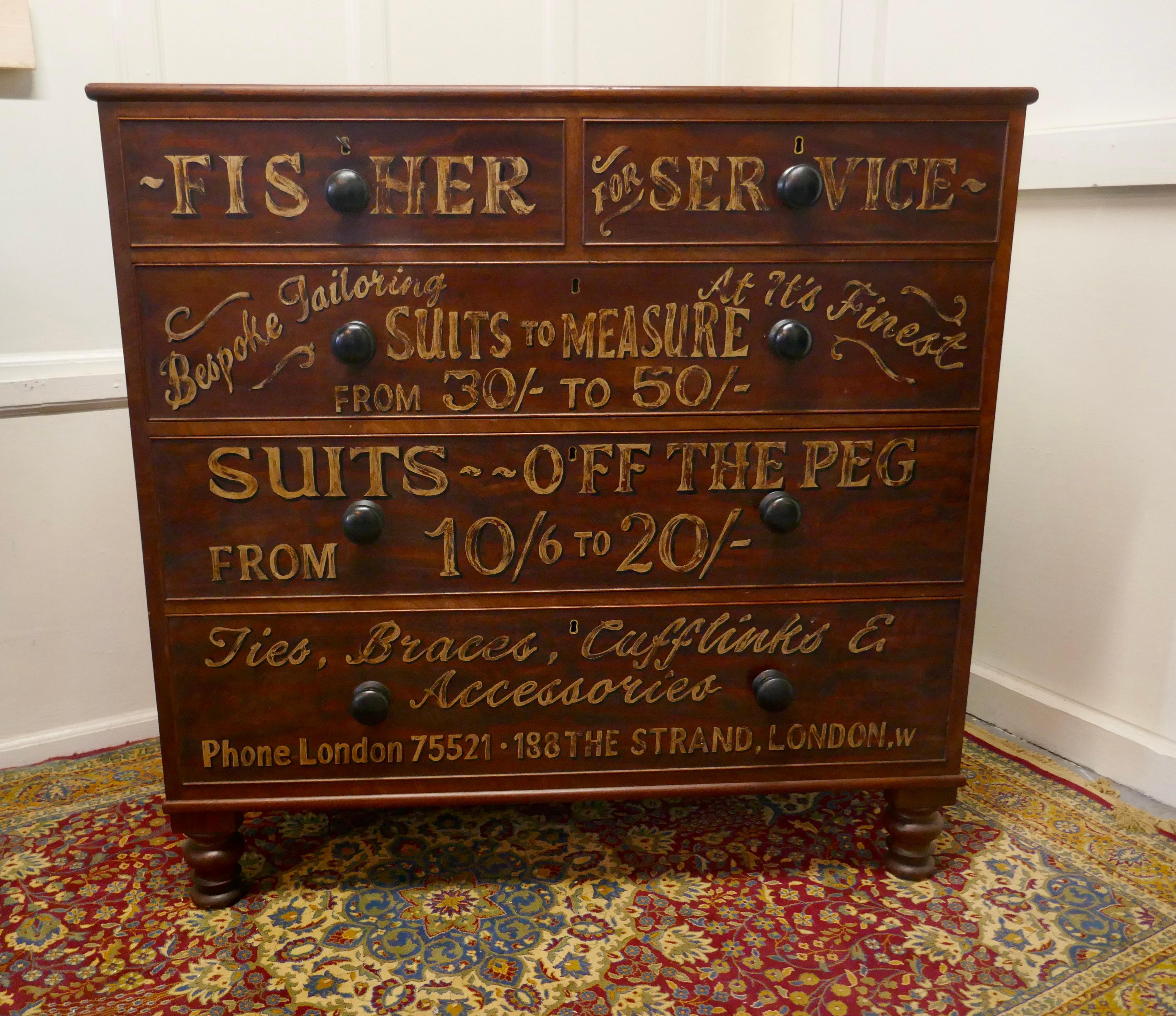 Folk Art Victorian Mahogany Sign Painted Chest of Drawers, Fisher Gentleman’s Outfitter  For Sale