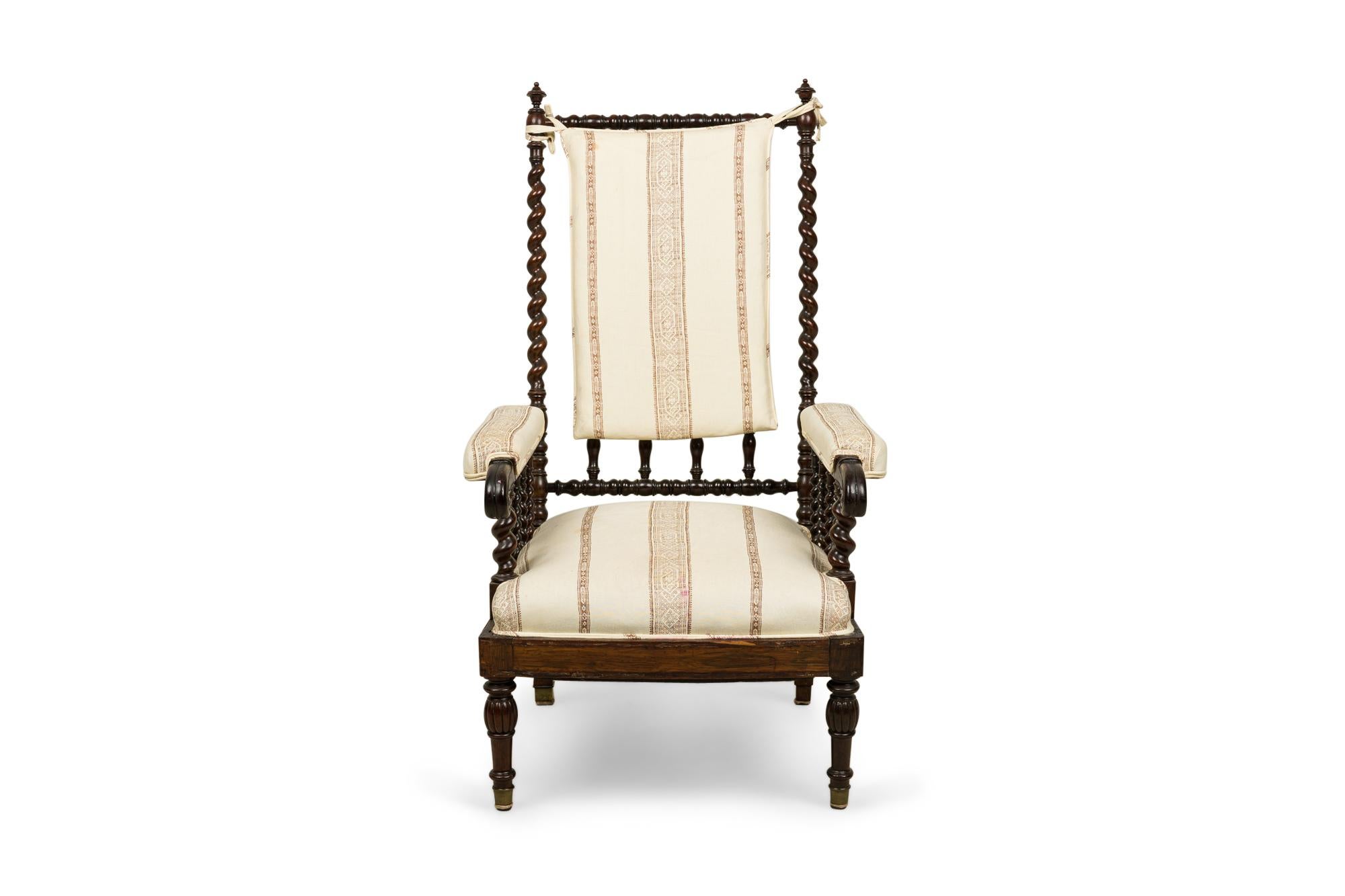Victorian Mahogany Spiral Turned Spindle and Striped Upholstered Armchair In Good Condition For Sale In New York, NY