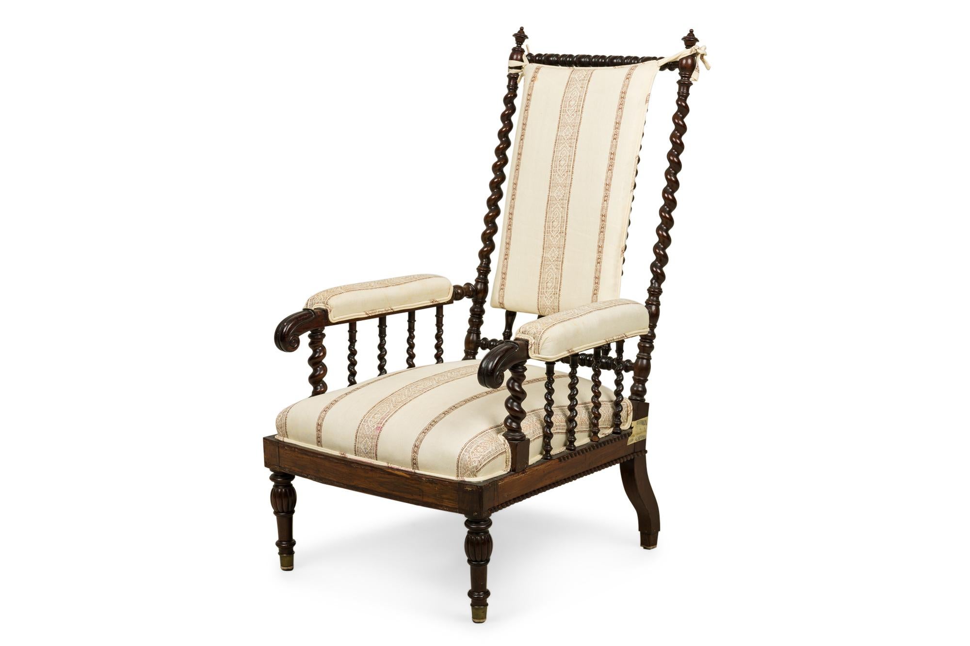 19th Century Victorian Mahogany Spiral Turned Spindle and Striped Upholstered Armchair For Sale
