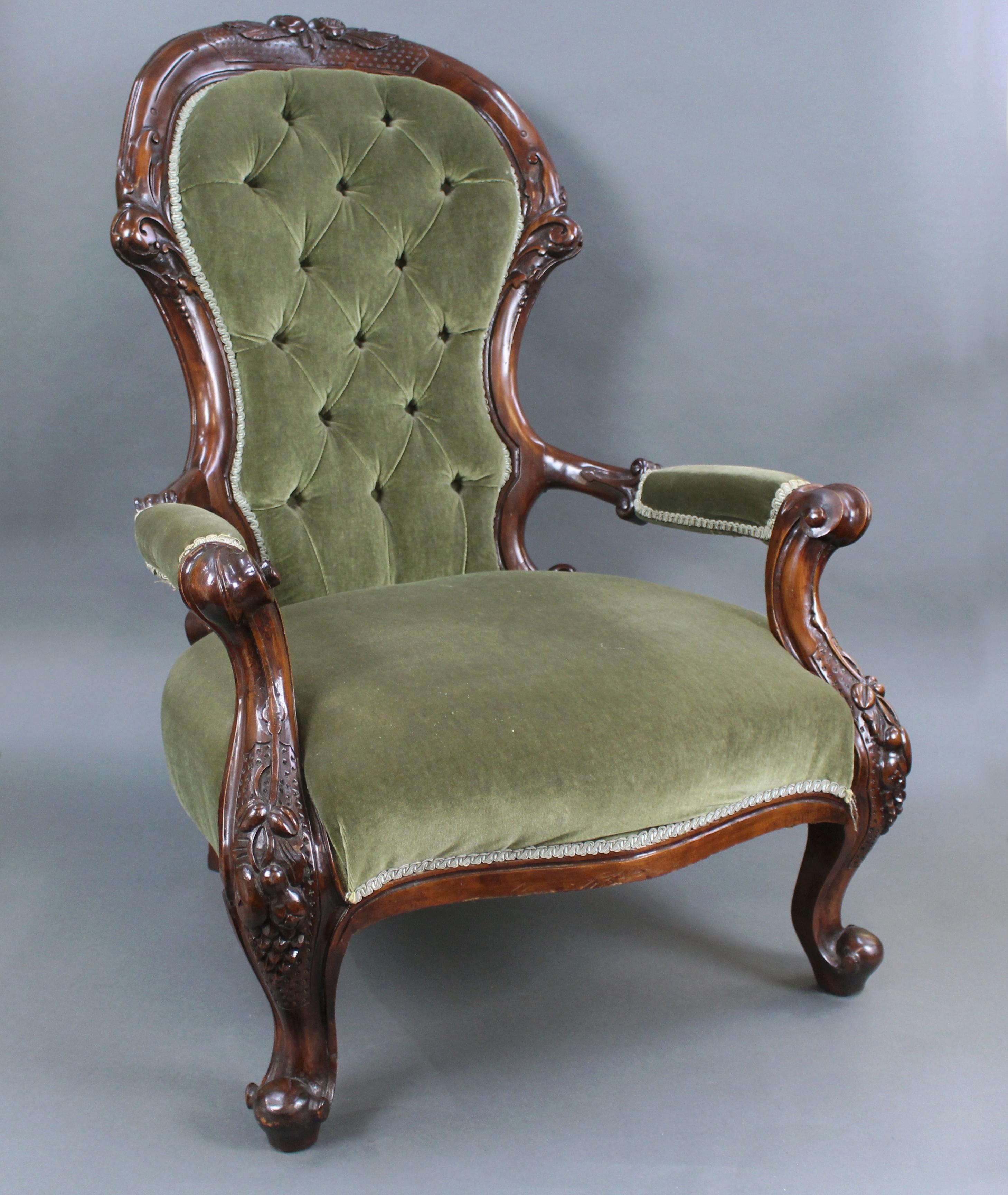 Measures: Width 70 cm 27 1/2 in
Seat depth 57 cm 22 1/2 in
Height 100 cm 39 1/2 in
 
Period Victorian
Wood mahogany
Upholstery upholstered button back, cushioned seat and arm rests
Condition very good condition. Very minor marks to frame