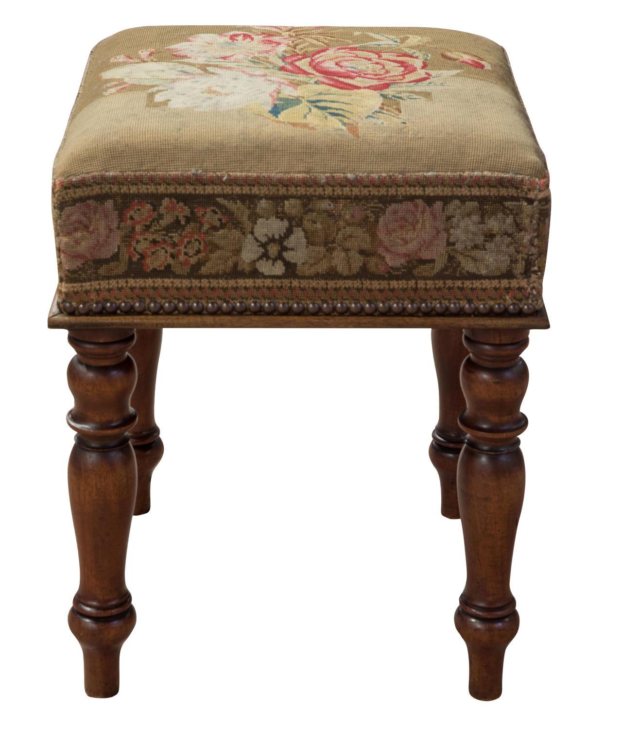 Early Victorian mahogany stool with original embroidery.