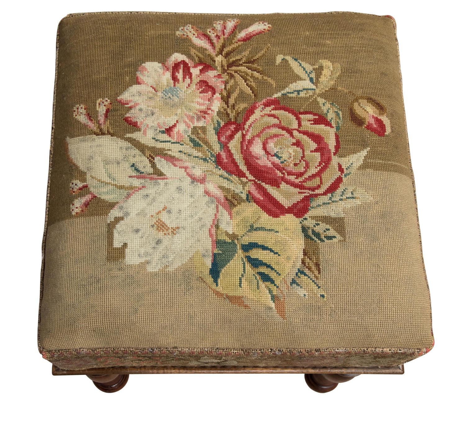 19th Century Victorian Mahogany Stool with Embroidery For Sale