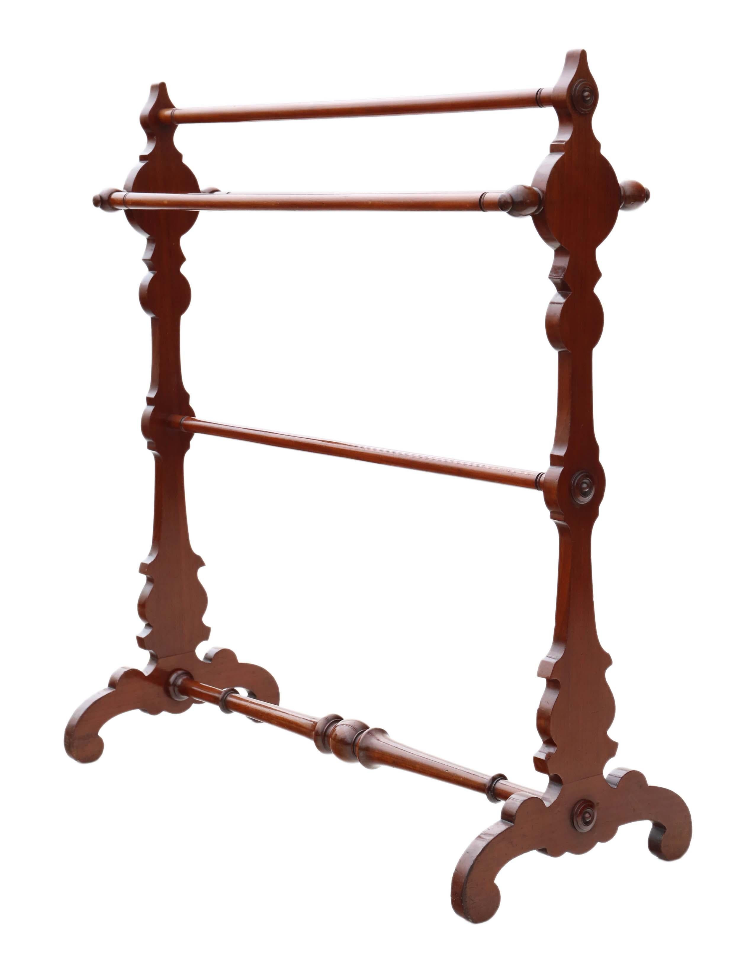 Antique fine quality Victorian circa 1890 mahogany towel rail stand. Much better than most.
This item is solid and strong, with no loose joints.
No woodworm.
Would look amazing in the right location!
Overall maximum dimensions:
79cmW x 33cmD x