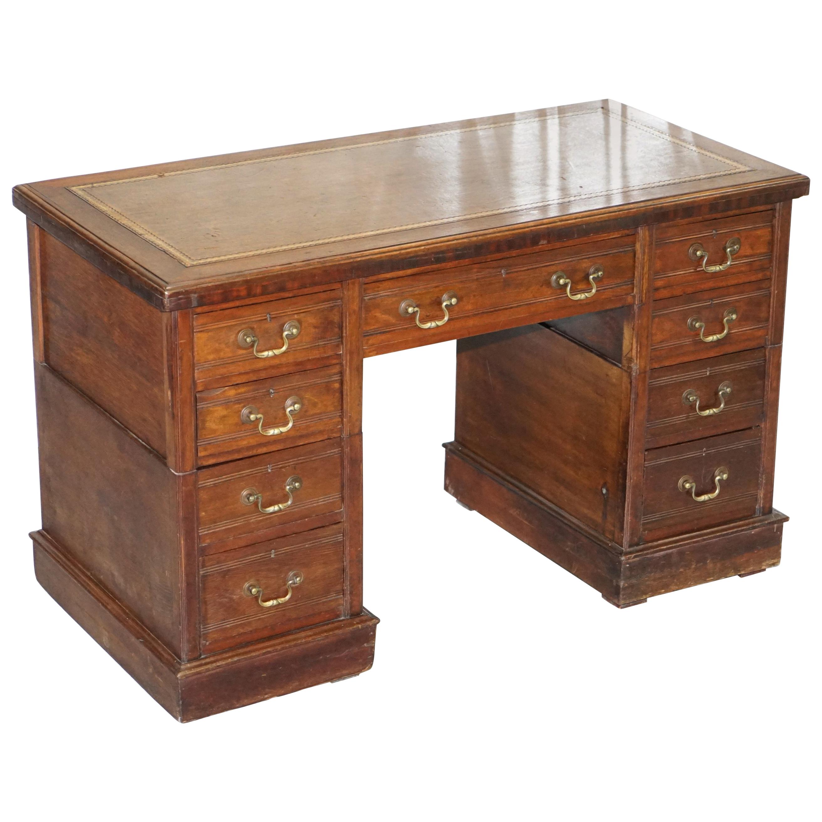 Victorian Mahogany Twin Pedestal Partner Desk Original Timber, Nice Leather Top