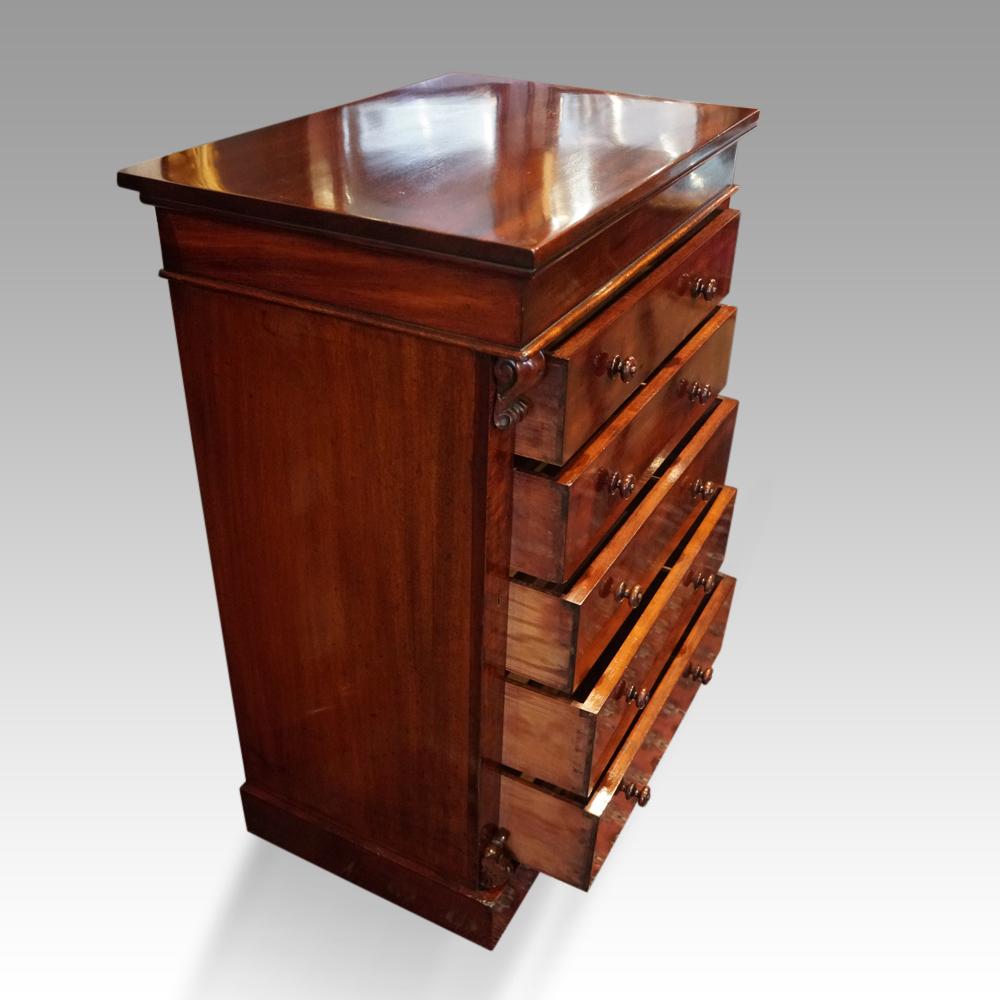 Victorian small mahogany Wellington chest 
This Victorian small mahogany Wellington chest was made circa 1865.
It is a 5-drawer version and so not as tall as the usual Wellington chests you will see.
This is in the high-quality bracket of grading