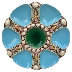 Victorian Majolica Aqua Oyster Plate by Minton, Ceramic, England, 1880