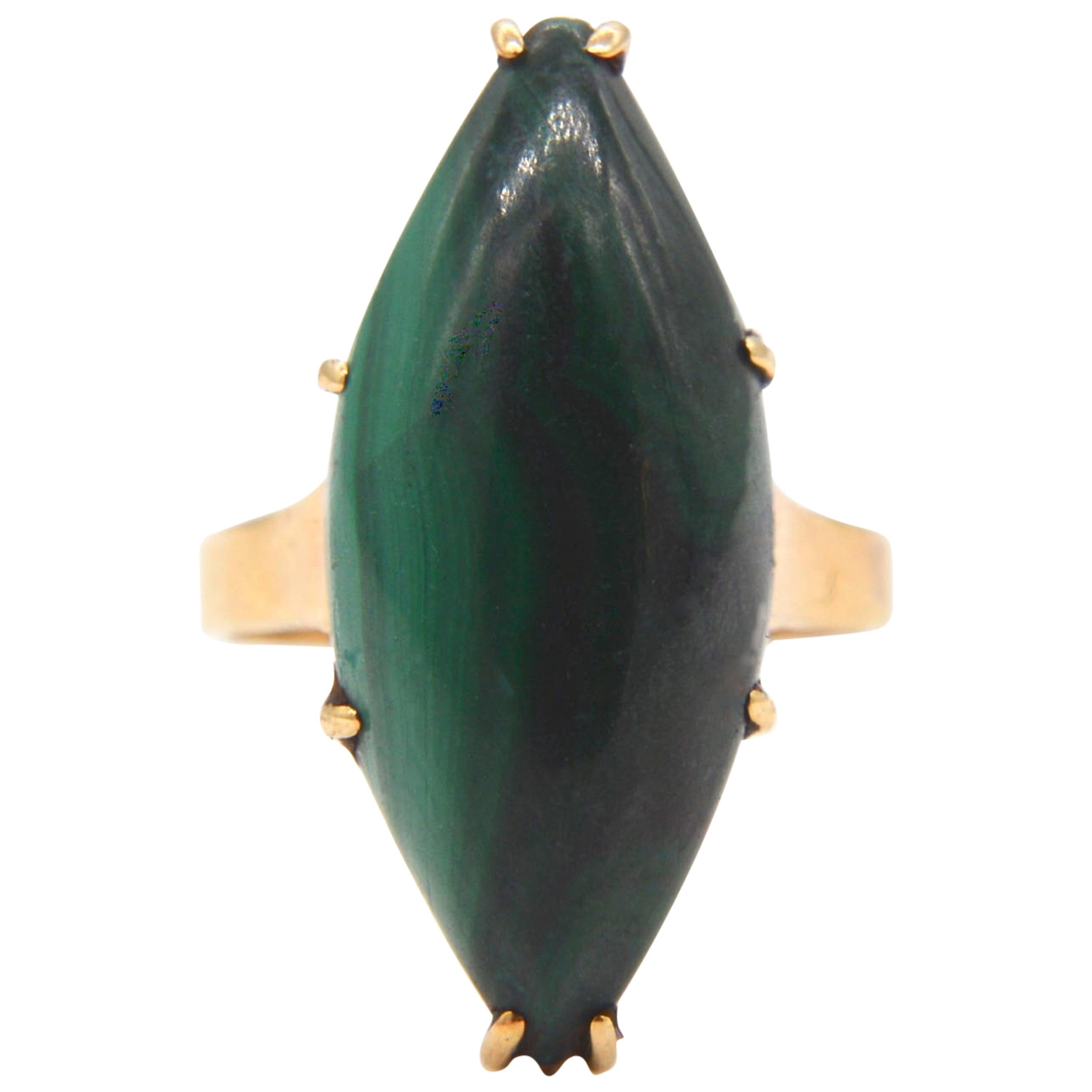 Victorian Malachite Marquise 18 Karat Gold 10 Carat Cocktail Ring For Sale