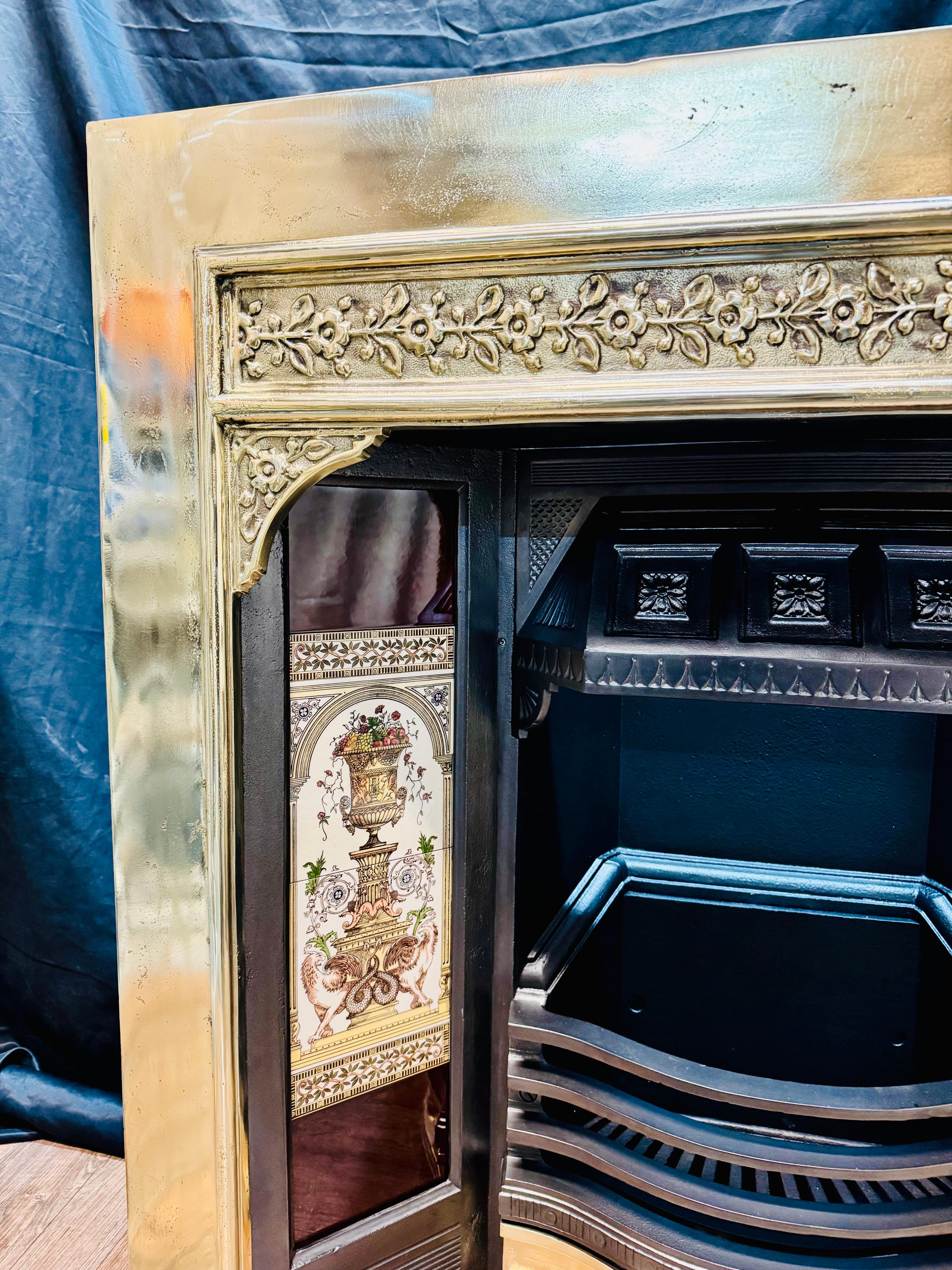 Cast Victorian Manner Polished Brass Fireplace Insert. For Sale