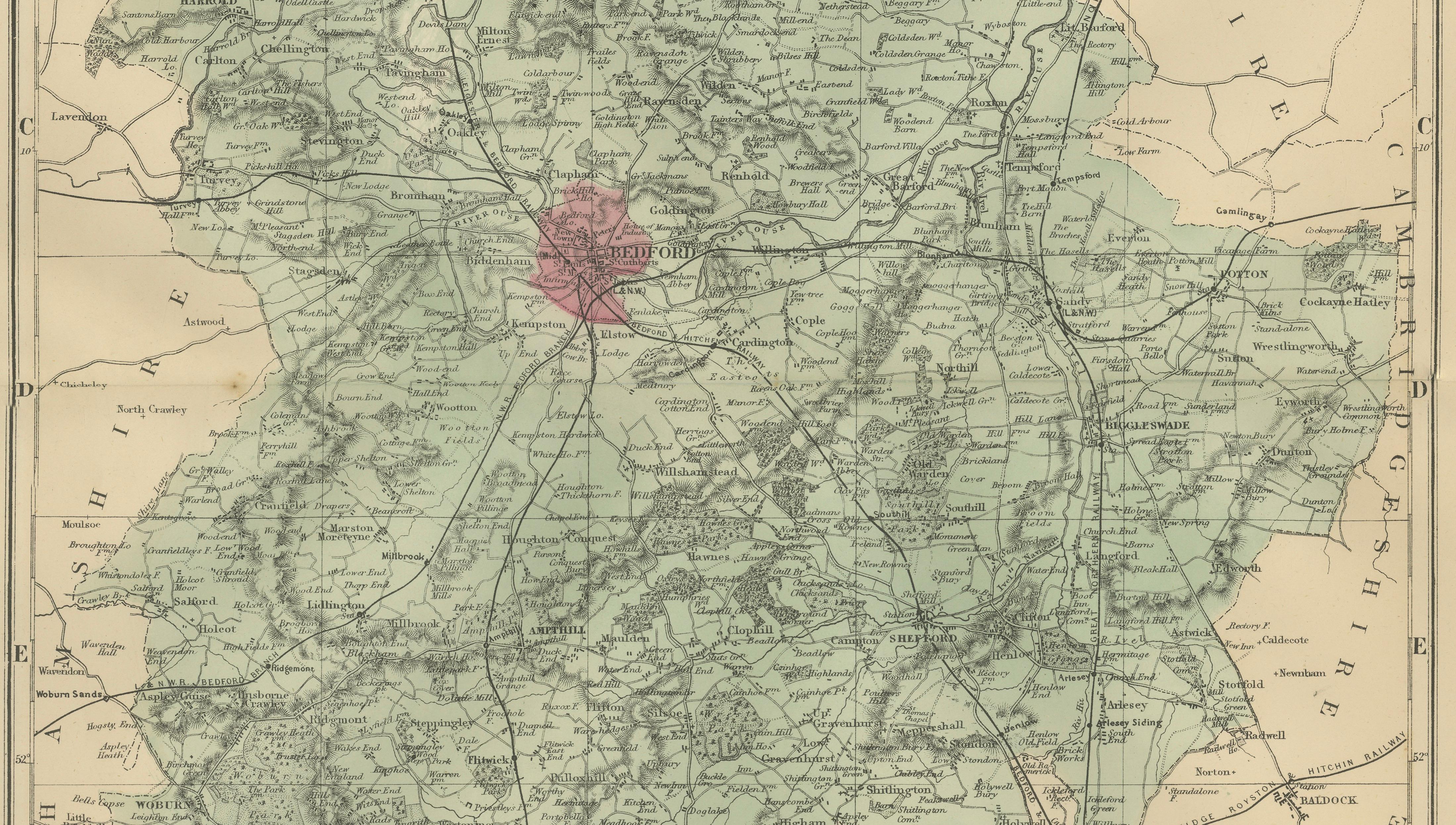 Victorian Map of Bedfordshire, 1885 – Railways & County Detail