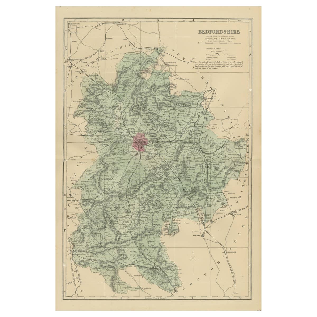 Victorian Map of Bedfordshire, 1885 – Railways & County Detail