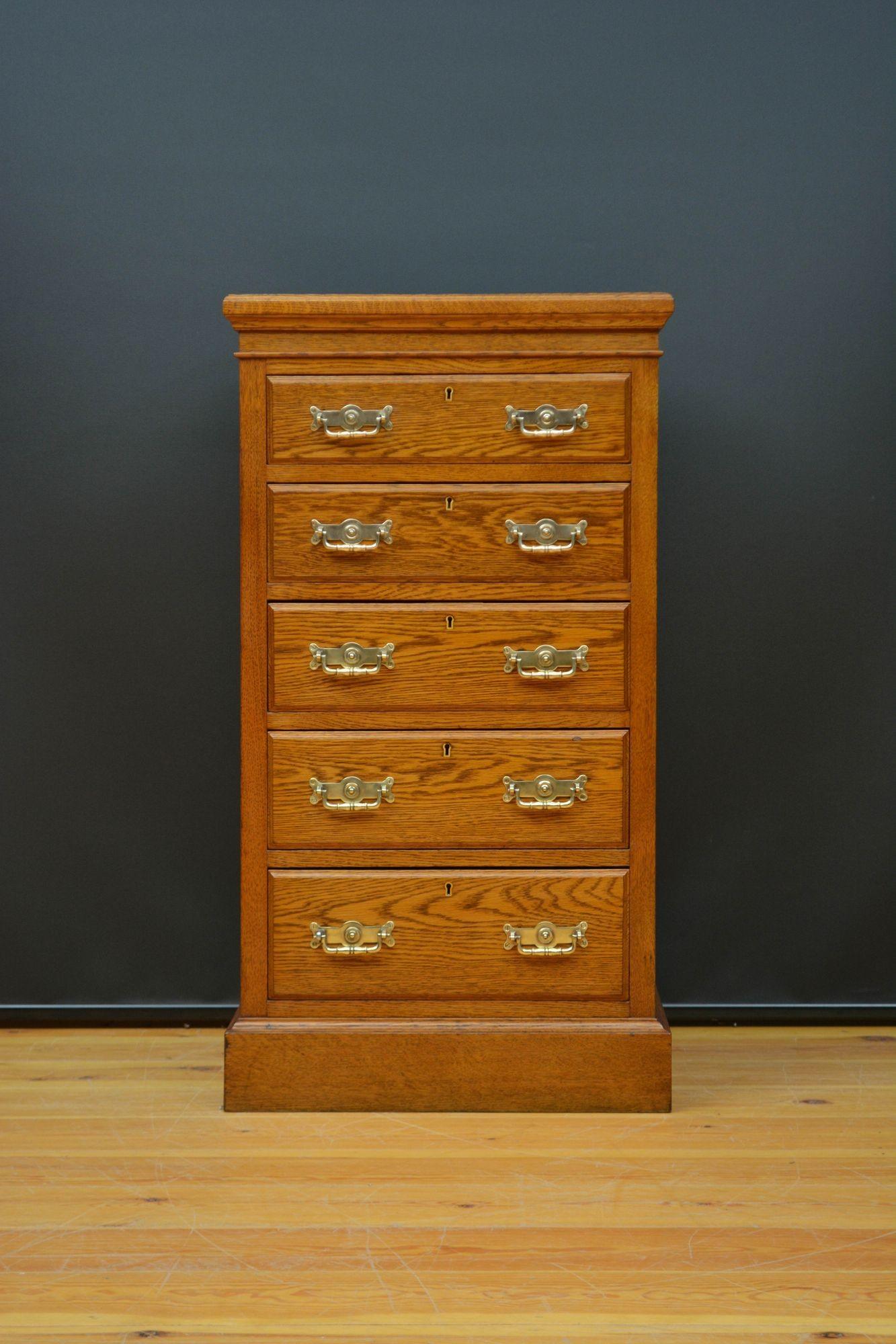 Sn5595 Cassettiera in rovere massiccio, tardo vittoriana, di qualità e dalle proporzioni ridotte, con piano superiore a vela sopra cinque cassetti in mogano e baize, foderati e graduati, tutti dotati di maniglie originali in ottone, su base a