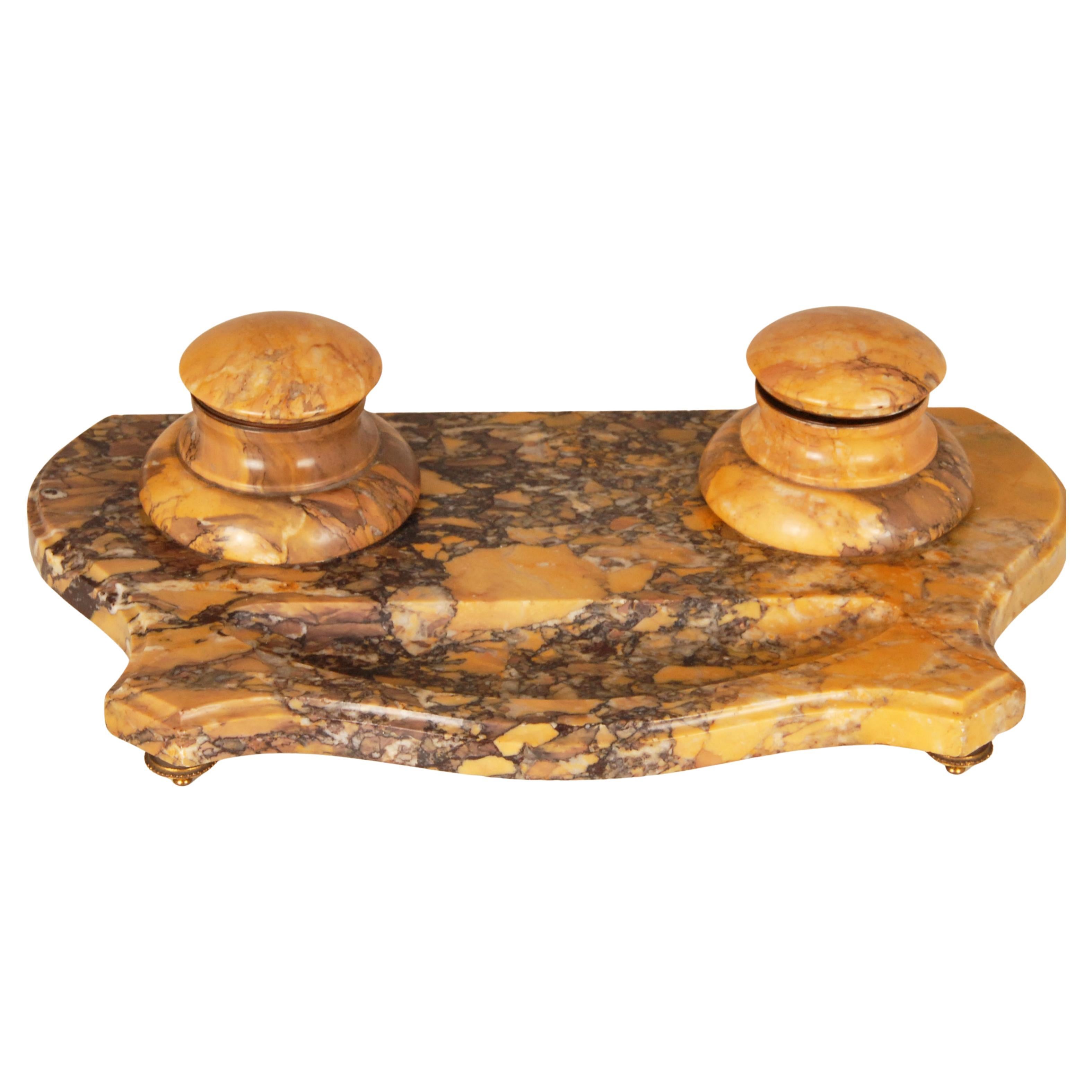 Calamaio vittoriano in marmo giallo terra di Siena Set da scrivania antico Luigi XVI