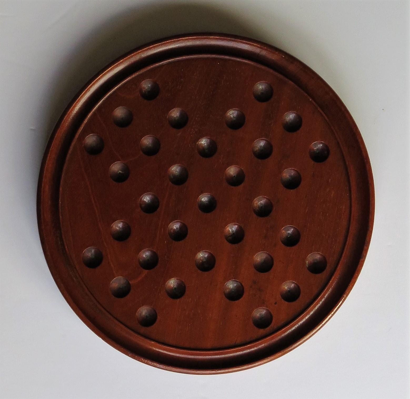 19th Century Victorian Marble Solitaire Fine Hardwood Board with 33 Clay and Stone Marbles For Sale
