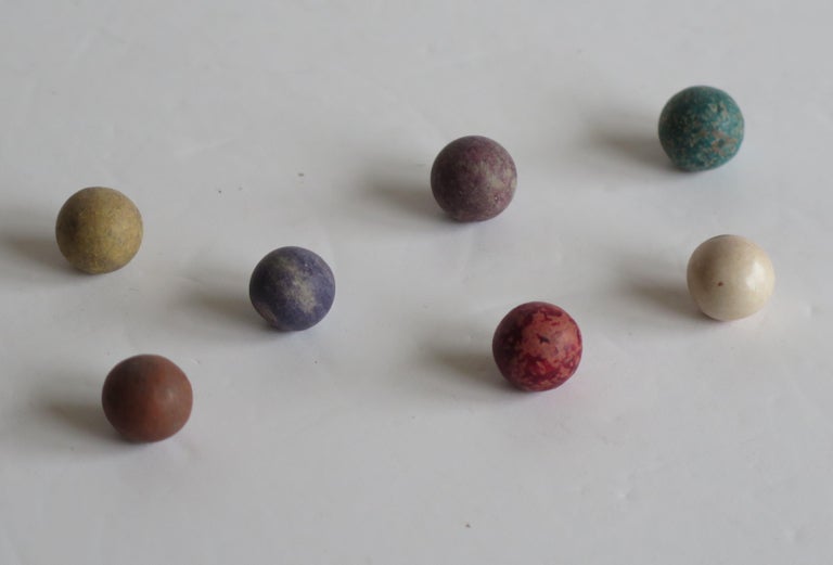 Victorian Marble Solitaire Game Hardwood Board 37 Handmade Clay or Stone Marbles For Sale 4