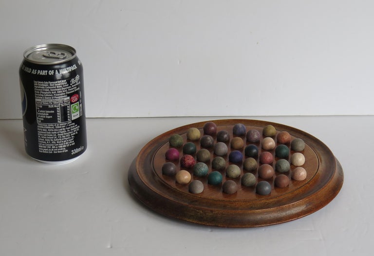 Victorian Marble Solitaire Game Hardwood Board 37 Handmade Clay or Stone Marbles For Sale 9