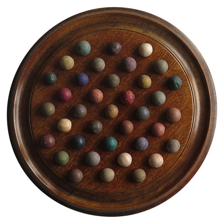 Victorian Marble Solitaire Game Hardwood Board 37 Handmade Clay or Stone Marbles For Sale
