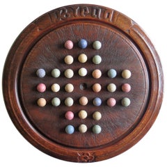 Used Victorian Marble Solitaire Game with Converted Folk Art Carved Breadboard