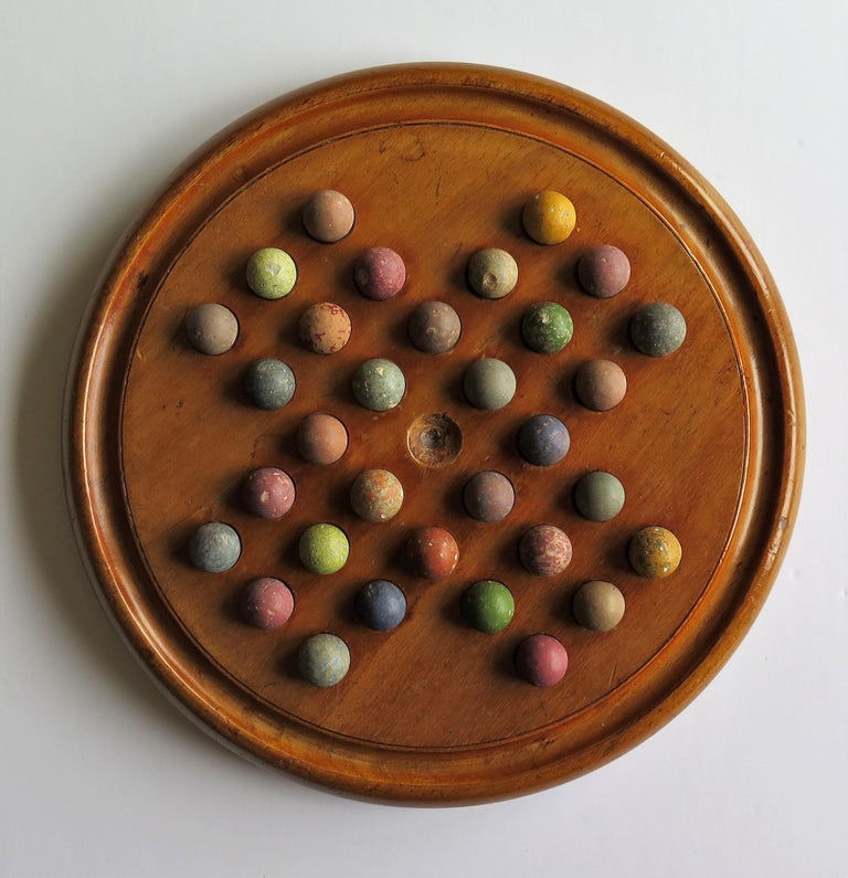 Victorian Marble Solitaire Game with Mahogany Board and 32 Handmade
