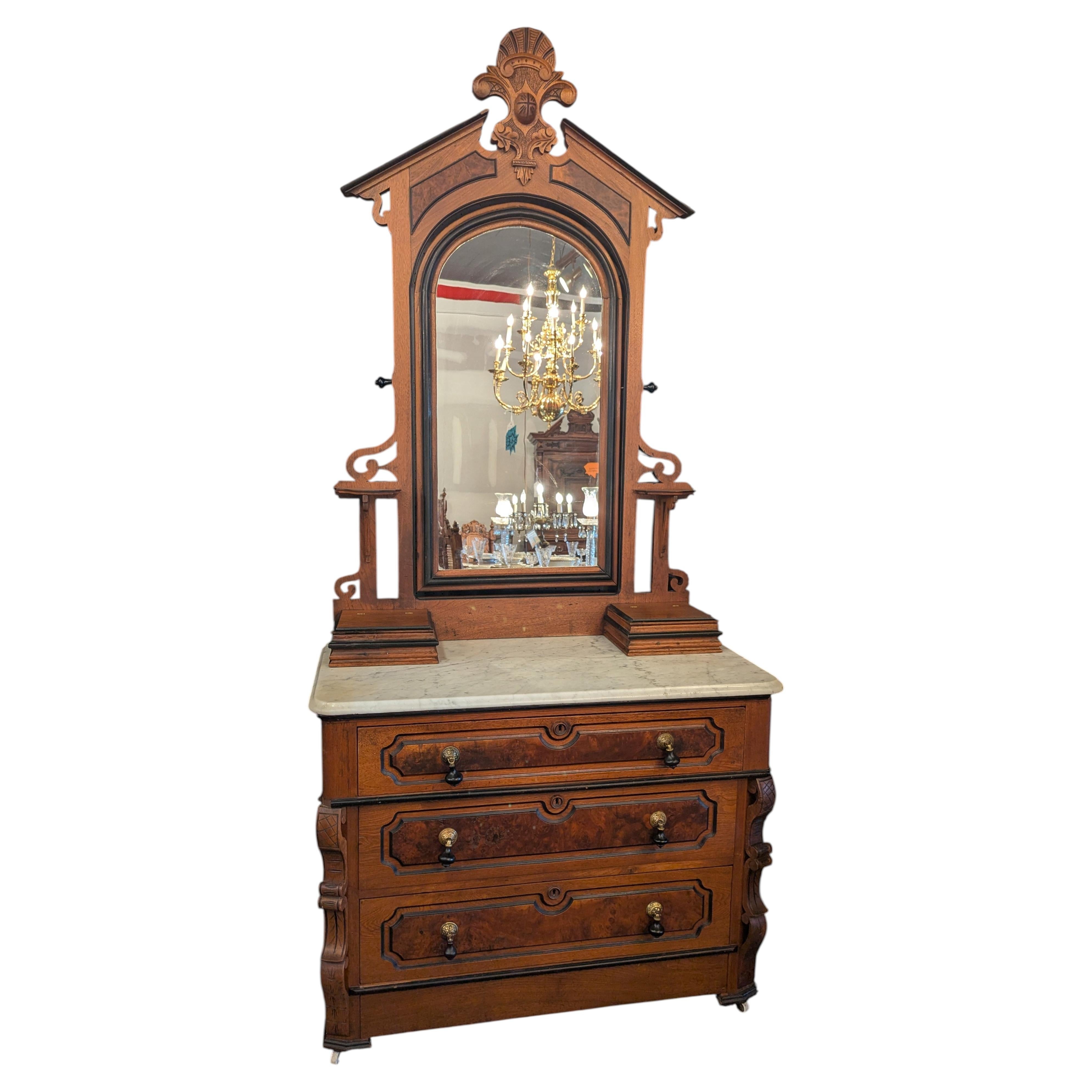 Victorian Walnut Dresser with Marble Top and Mirror, USA, 1860