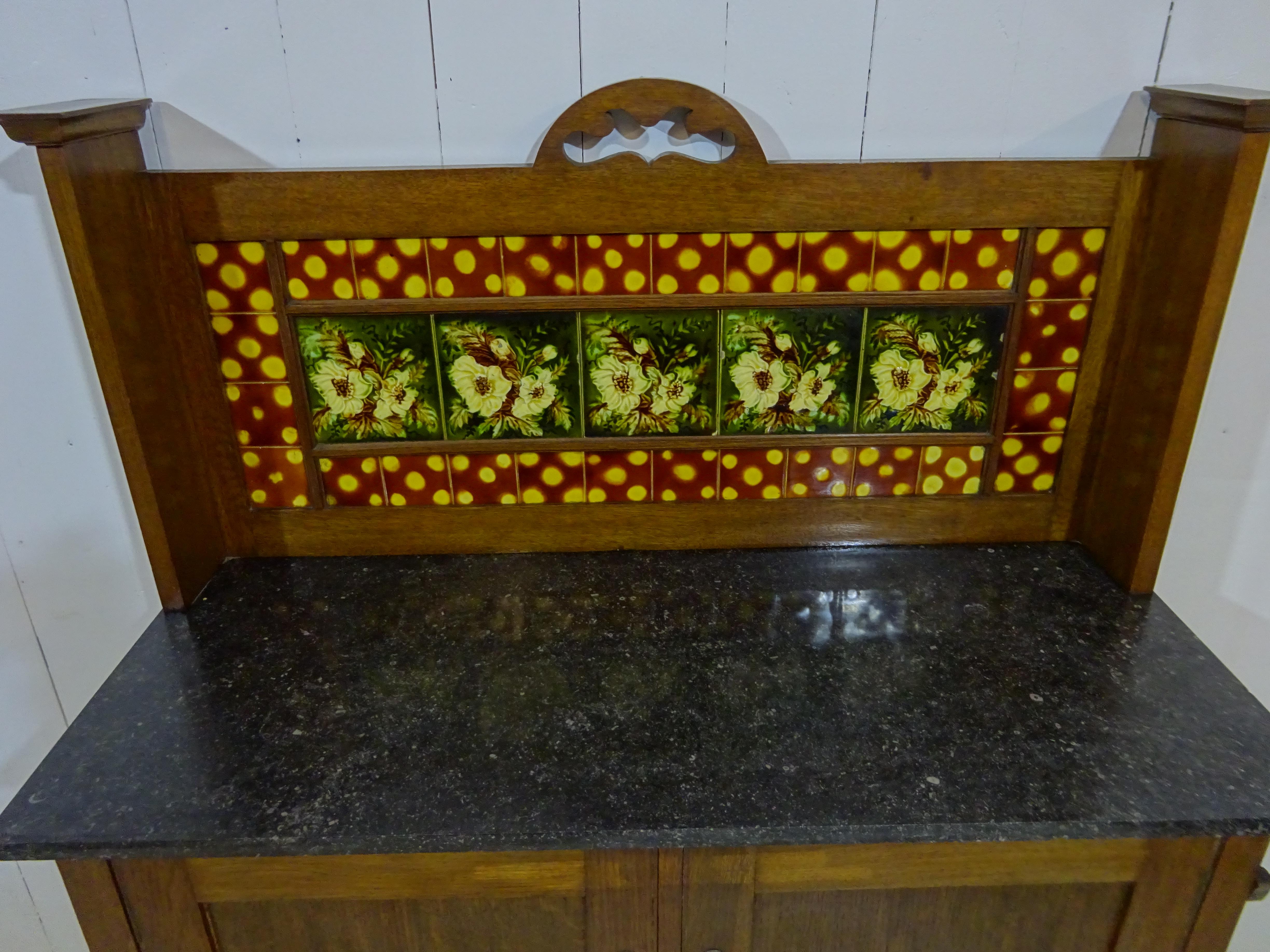 Ceramic Victorian Marble Top Wash Stand in Oak with Floral Glazed Tiles