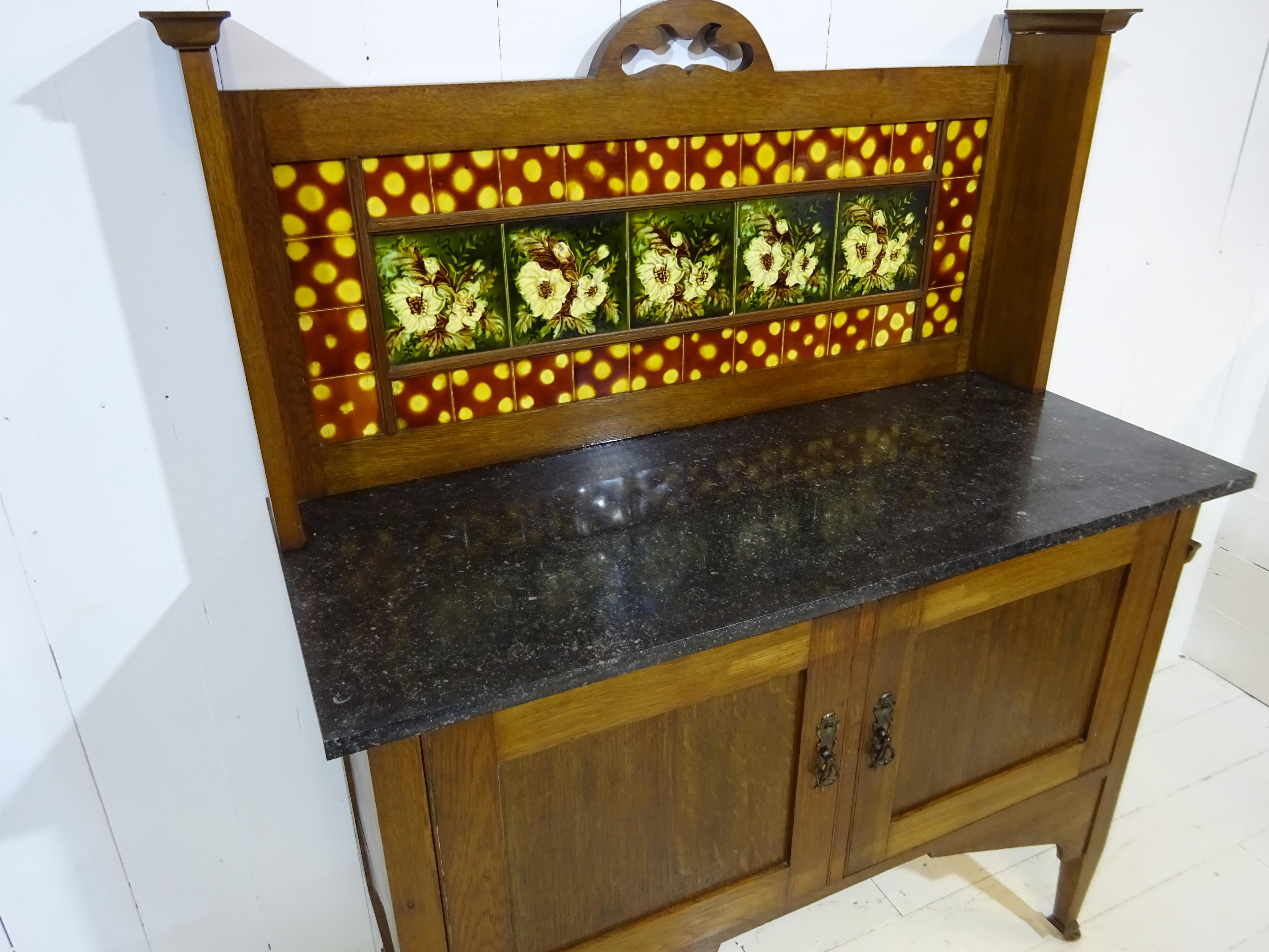 Victorian Marble Top Wash Stand in Oak with Floral Glazed Tiles 2