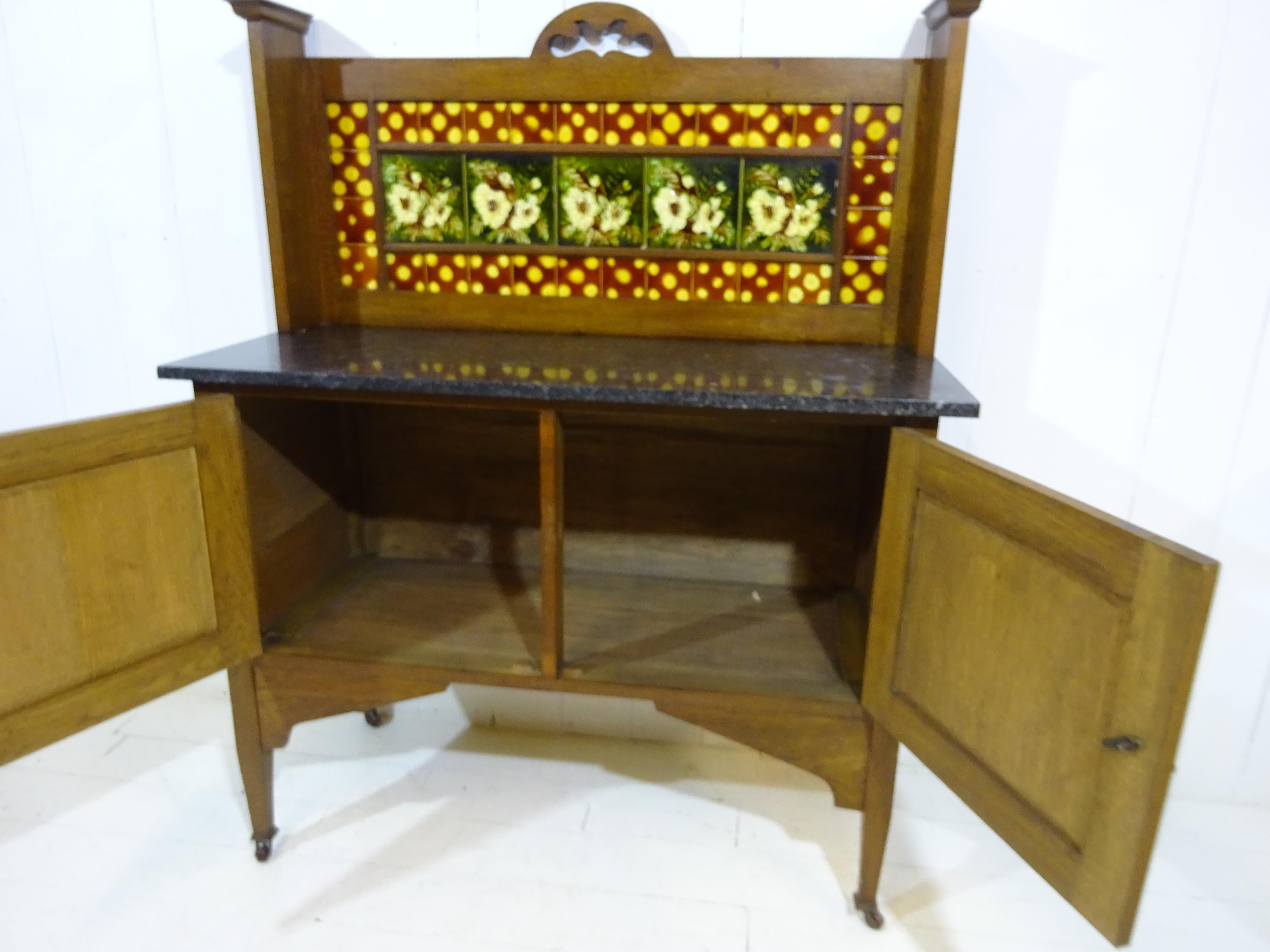 Victorian Marble Top Wash Stand in Oak with Floral Glazed Tiles 4