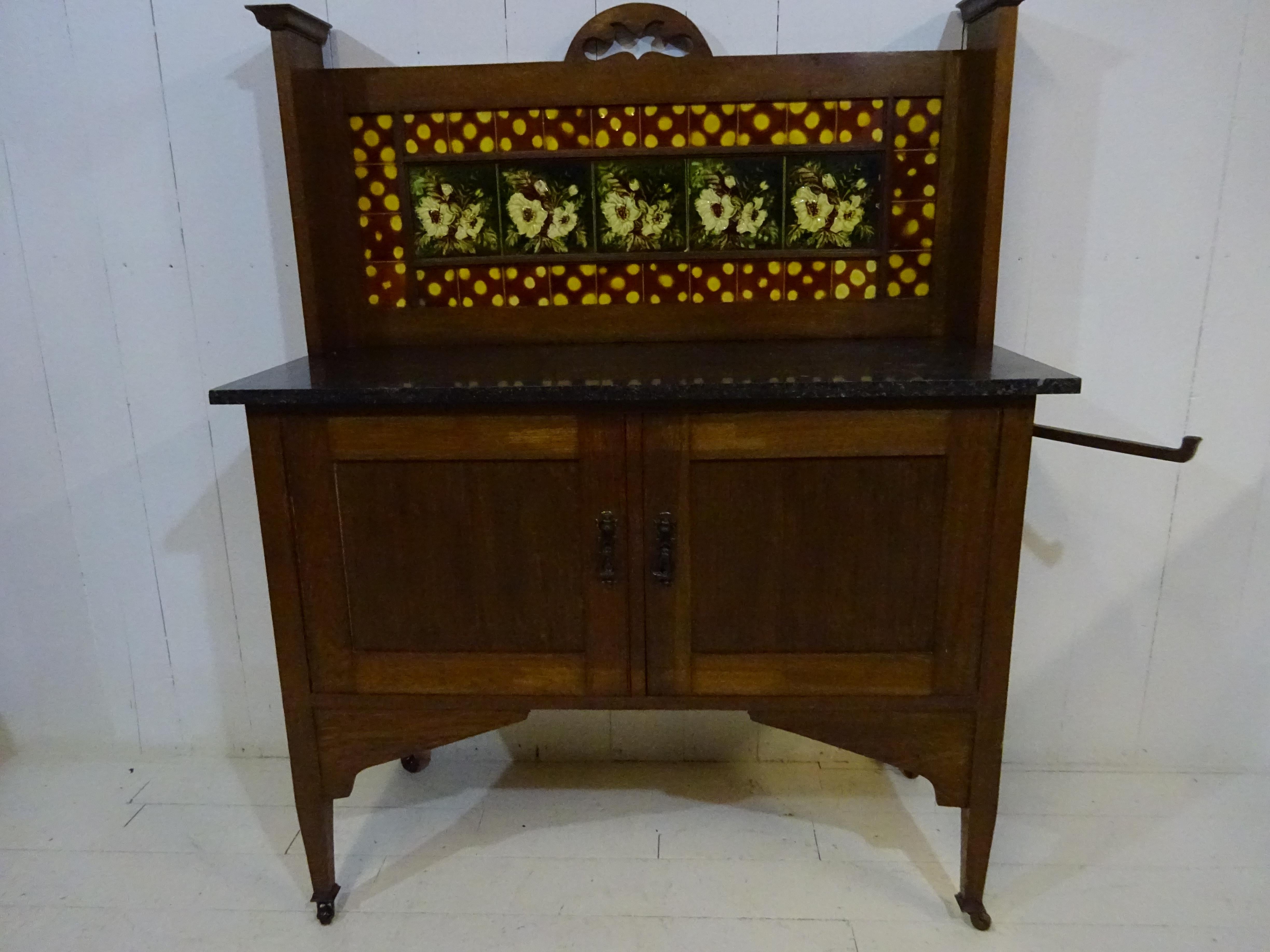 Victorian Marble Top Wash Stand in Oak with Floral Glazed Tiles 6