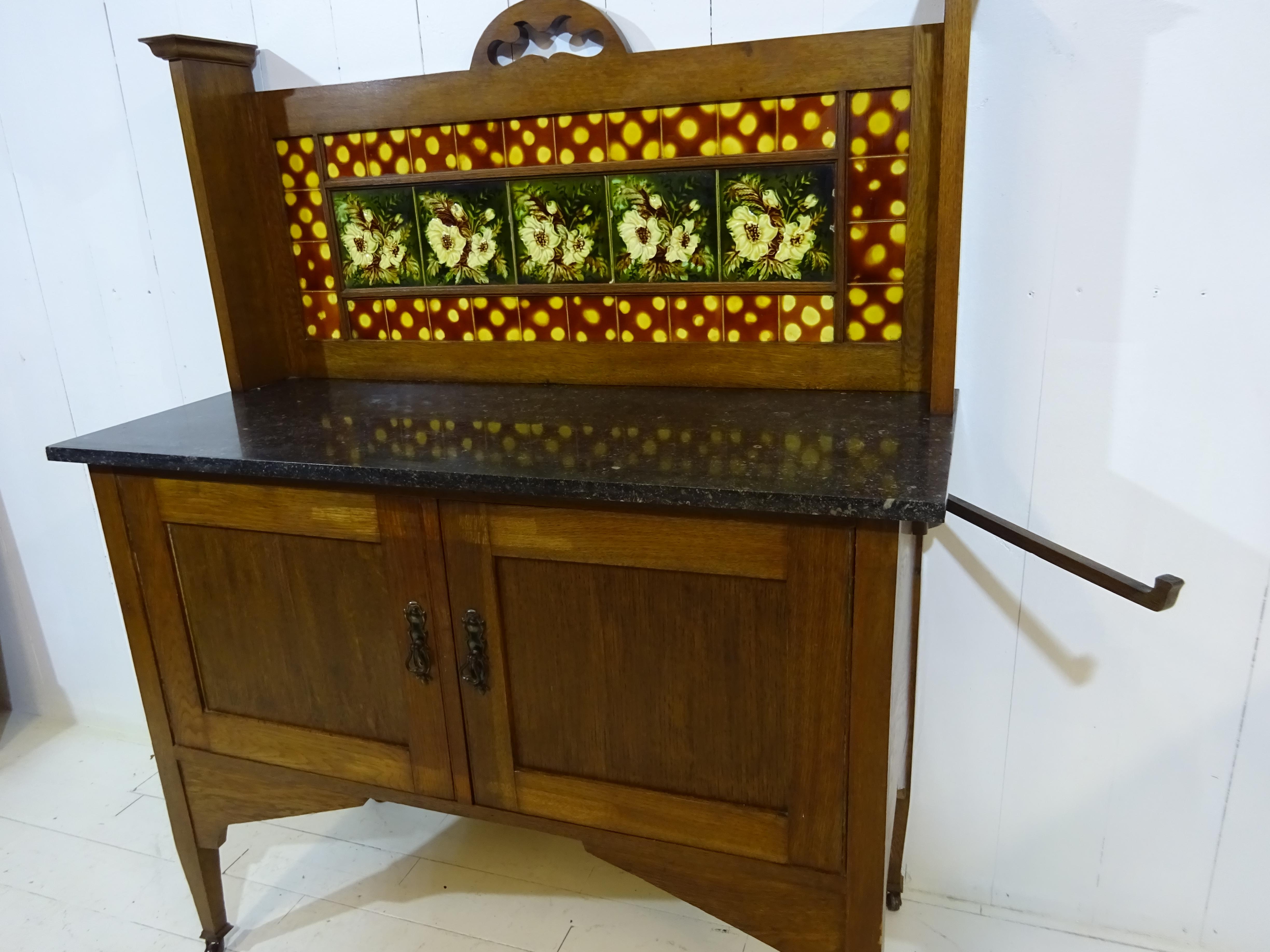 Victorian Marble Top Wash Stand in Oak with Floral Glazed Tiles 8