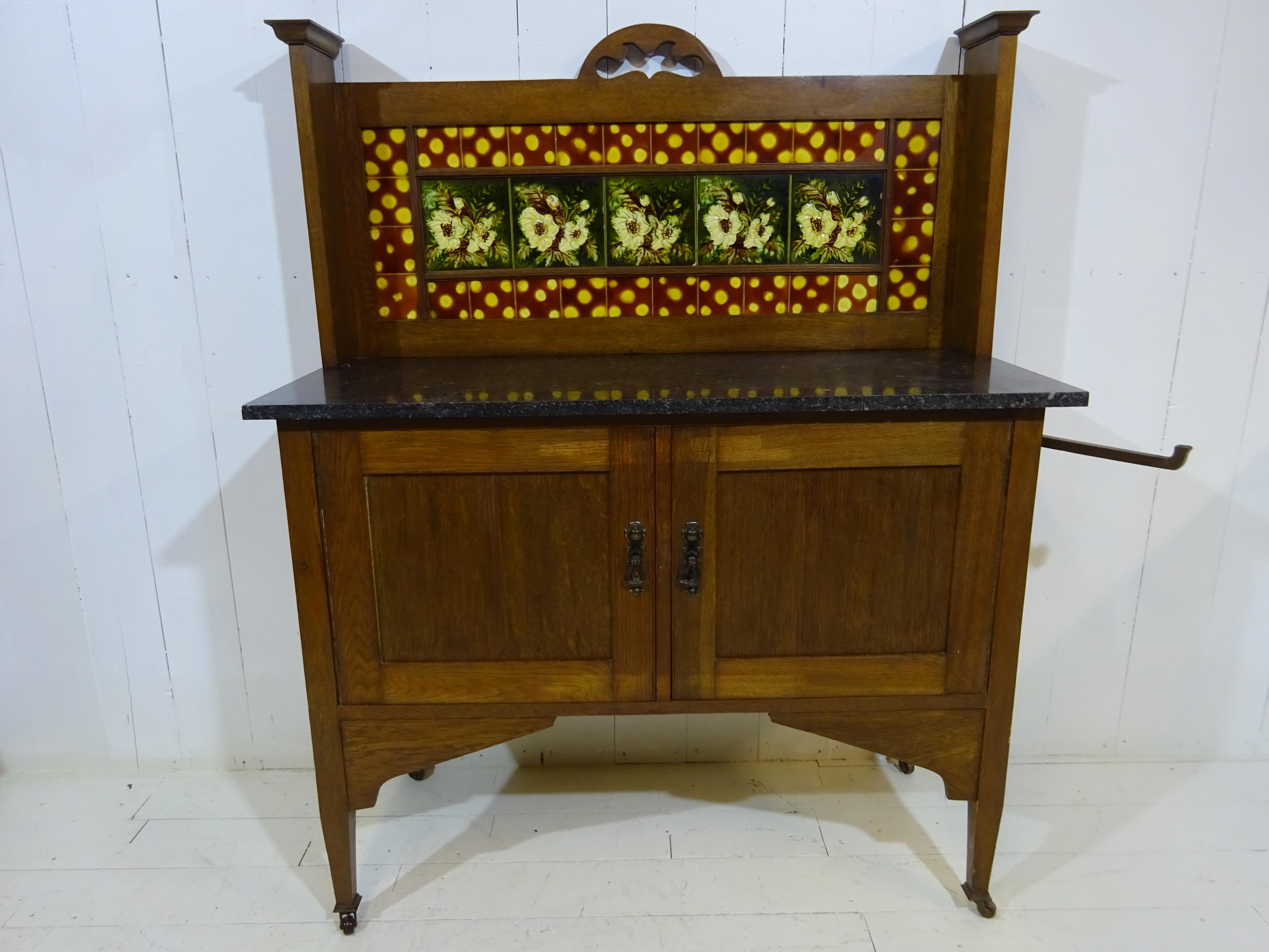 Victorian Marble Top Wash Stand in Oak with Floral Glazed Tiles 9
