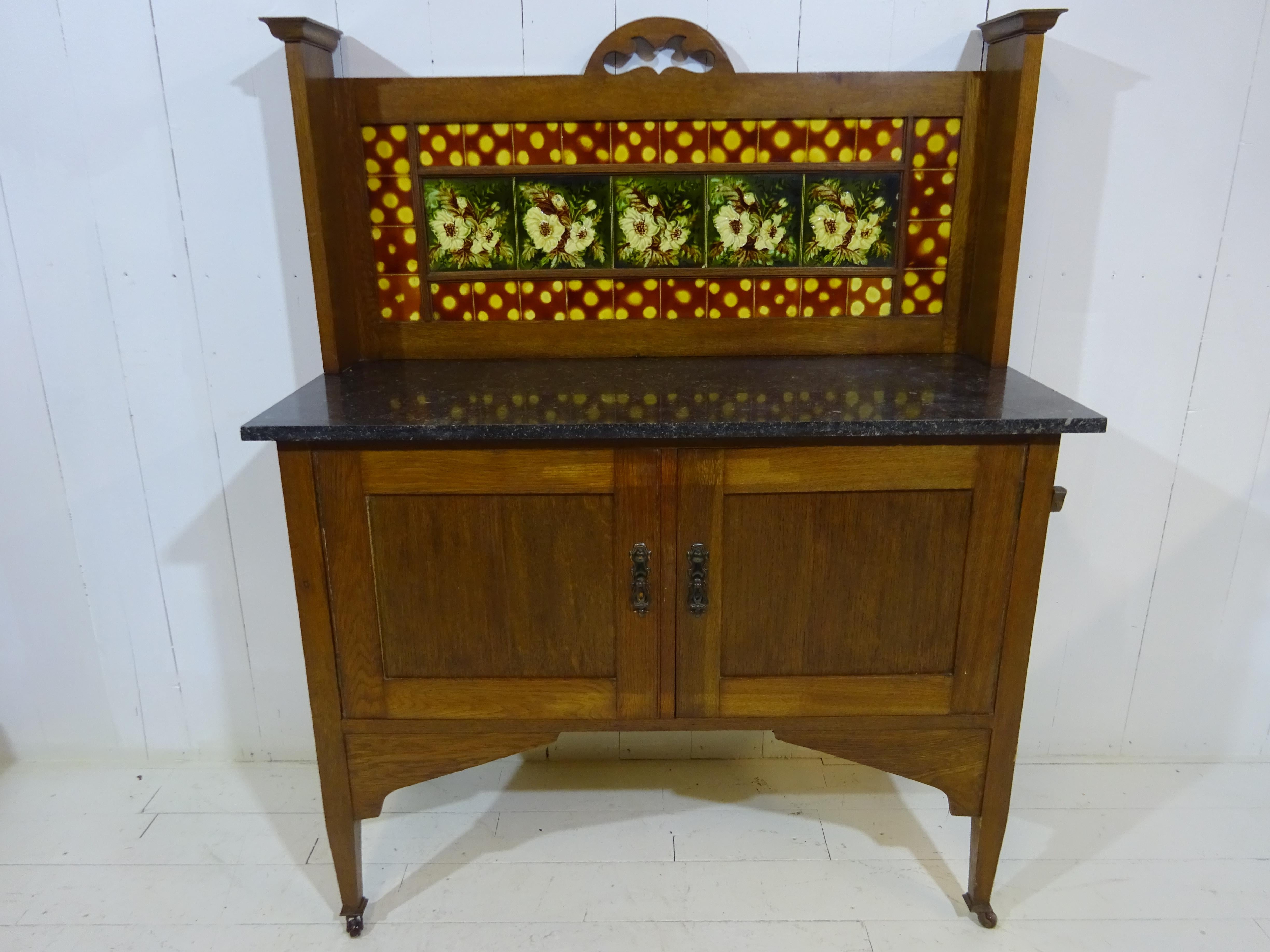 Hand-Crafted Victorian Marble Top Wash Stand in Oak with Floral Glazed Tiles
